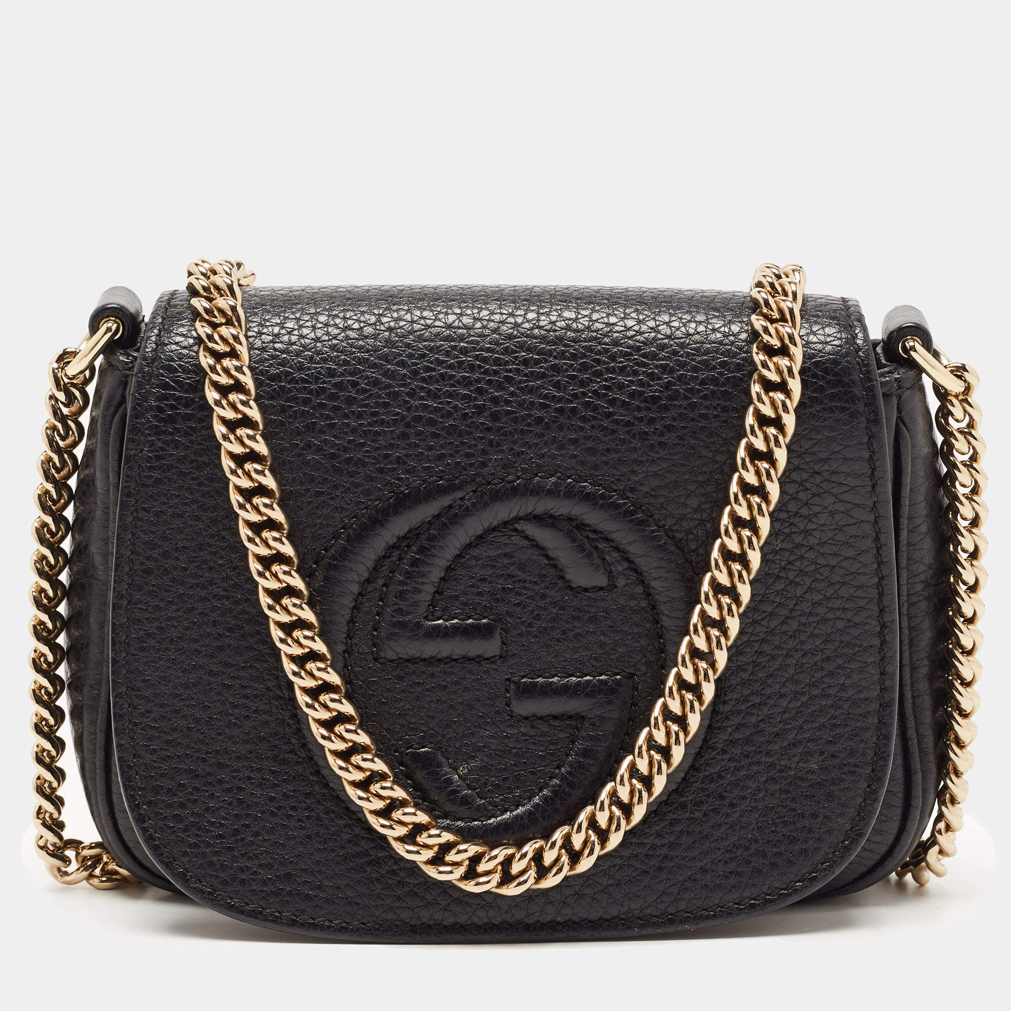 Gucci Black Leather Soho Flap Chain Crossbody Bag