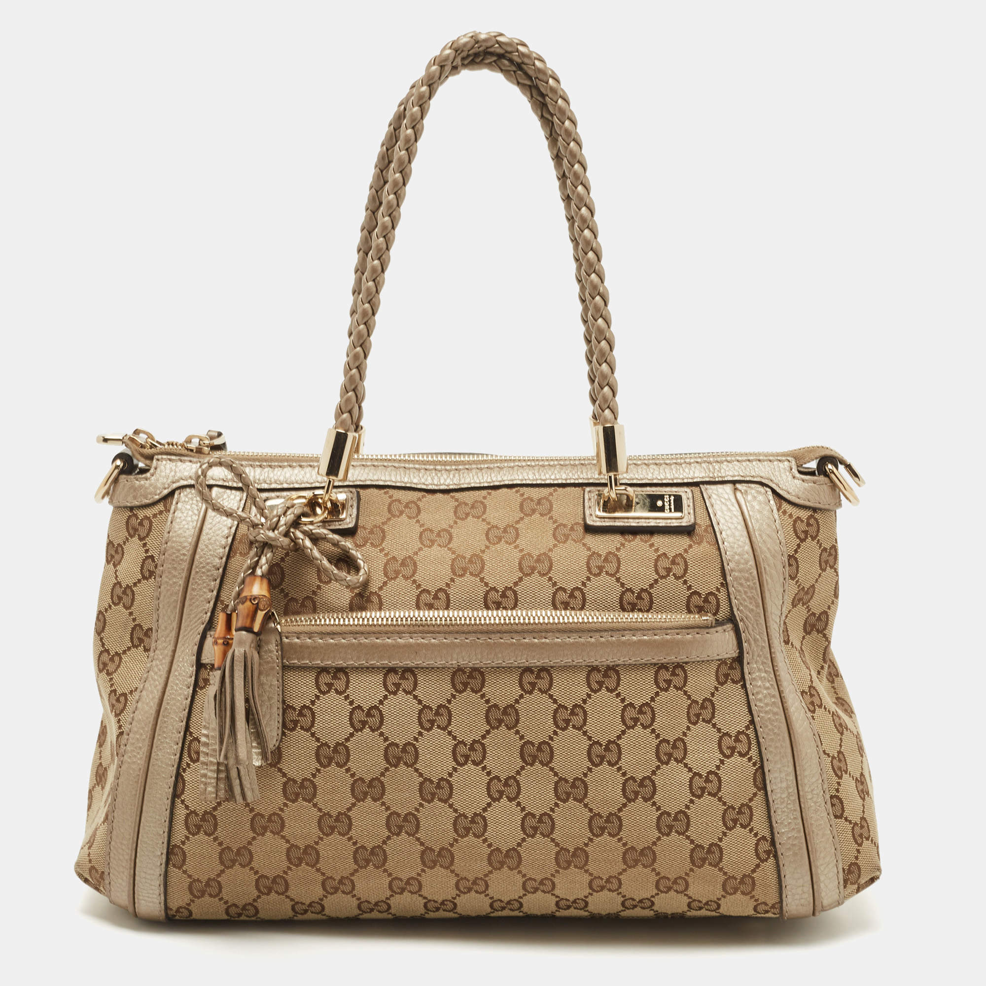 Pre Owned Gucci Beige/Metallic Beige GG Canvas and Leather Small Bella Tote