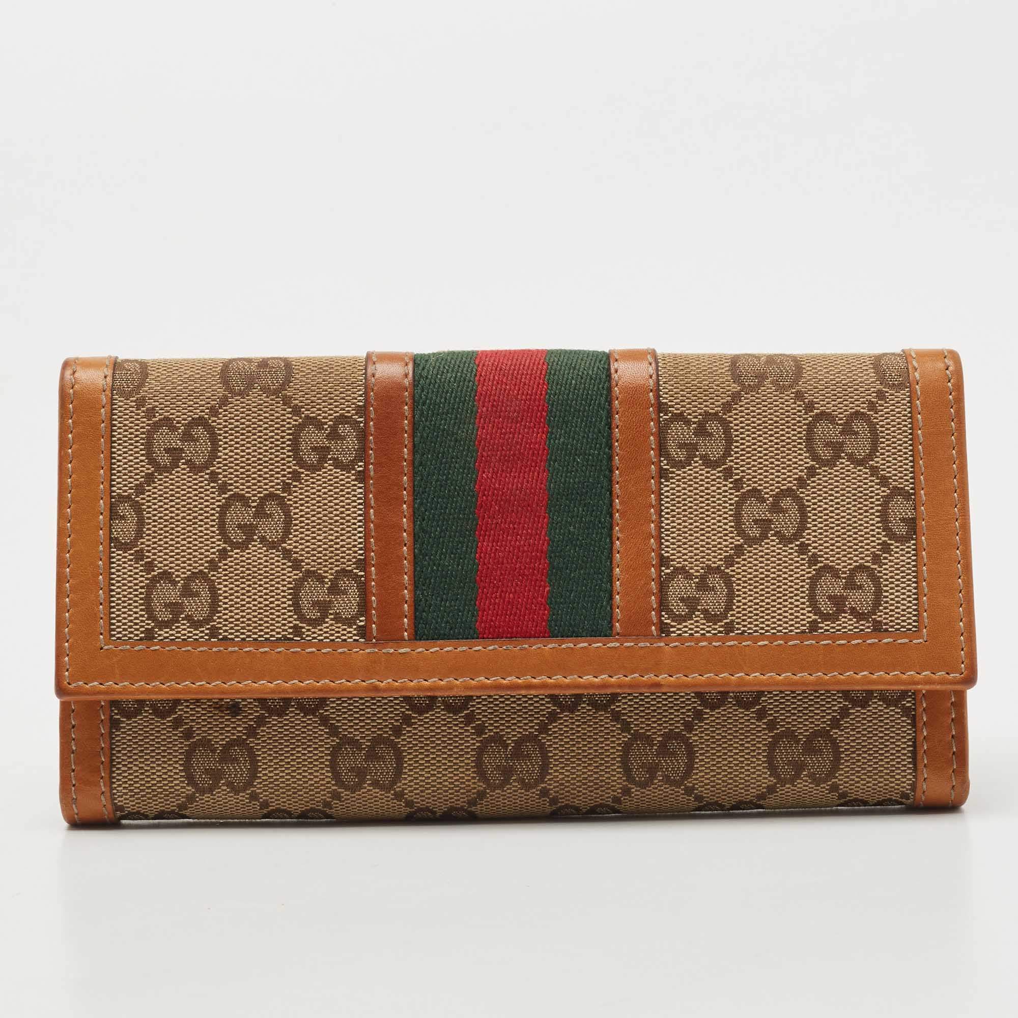 Gucci Tan/Beige GG Canvas and Leather Web Flap Continental Wallet