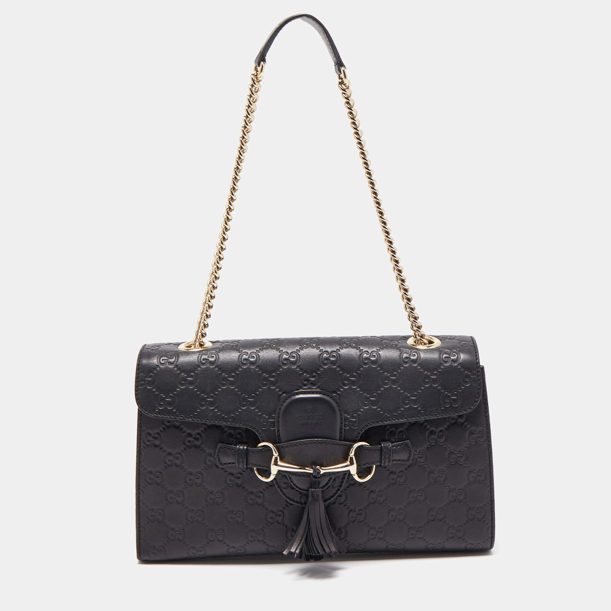 Pre Owned Gucci Navy Blue Guccissima Leather Medium Emily Chain Shoulder Bag