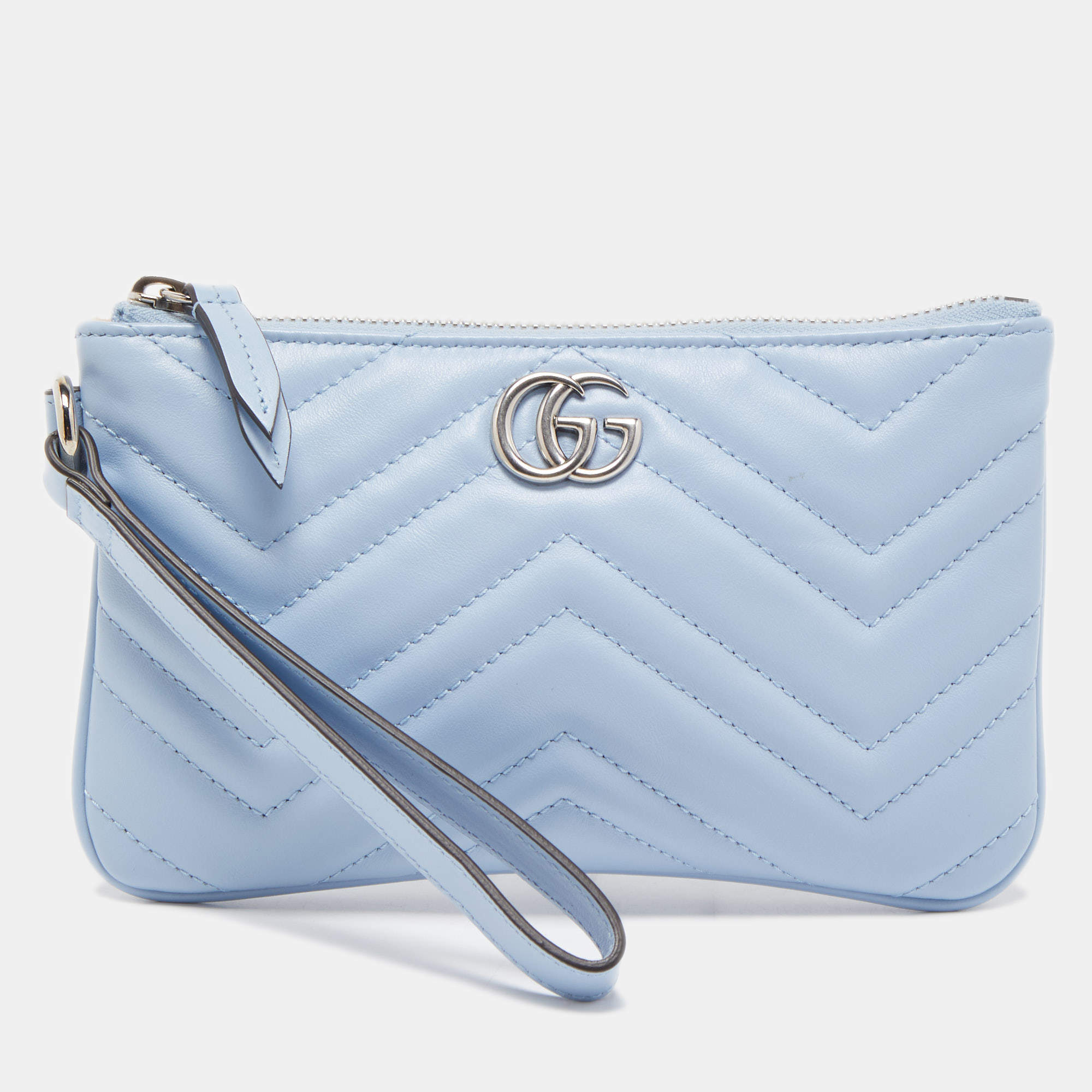 Pre Owned Gucci Light Blue Matelassé Leather GG Marmont Wristlet Pouch
