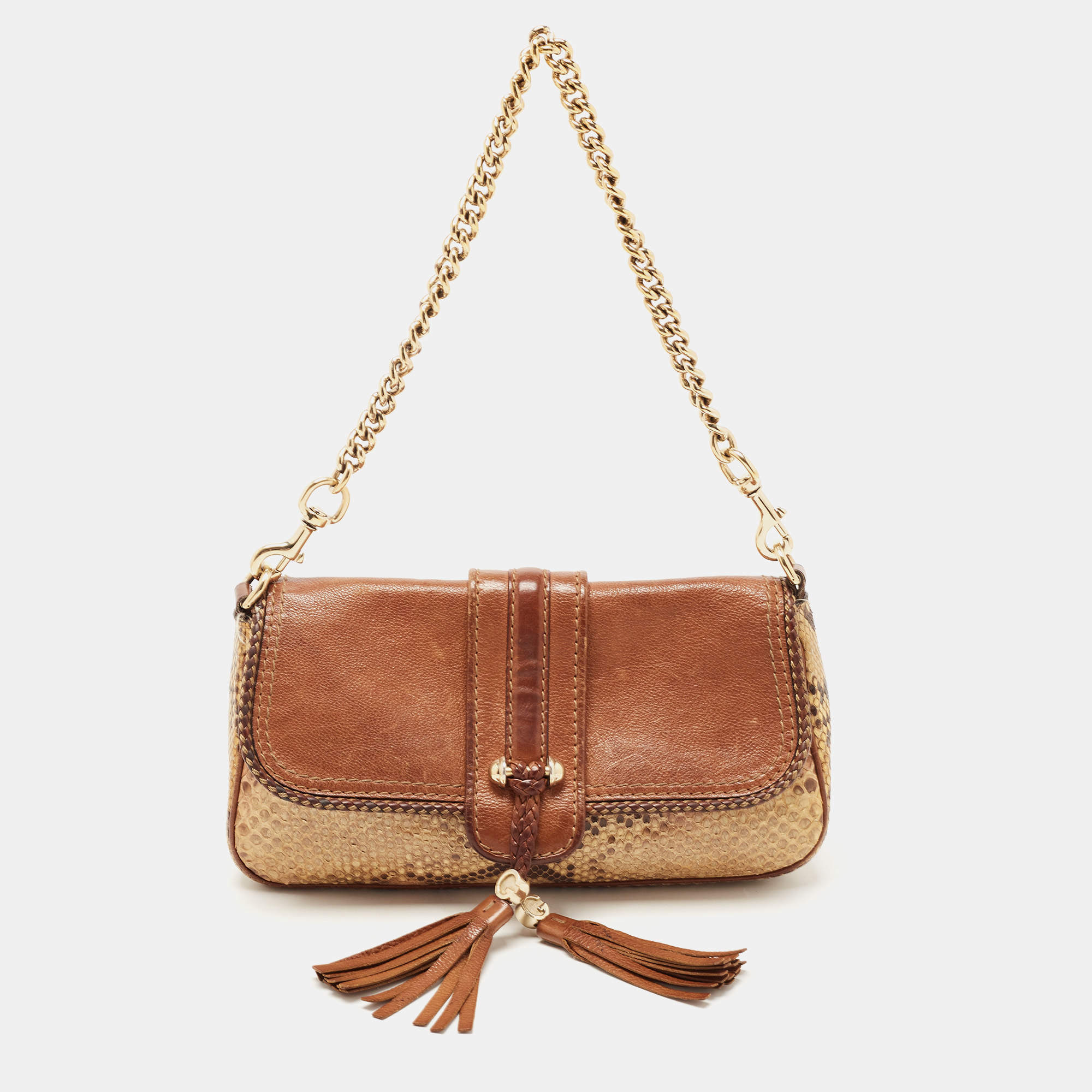 Pre Owned Gucci Brown/Beige Leather and Python Marrakech Chain Bag