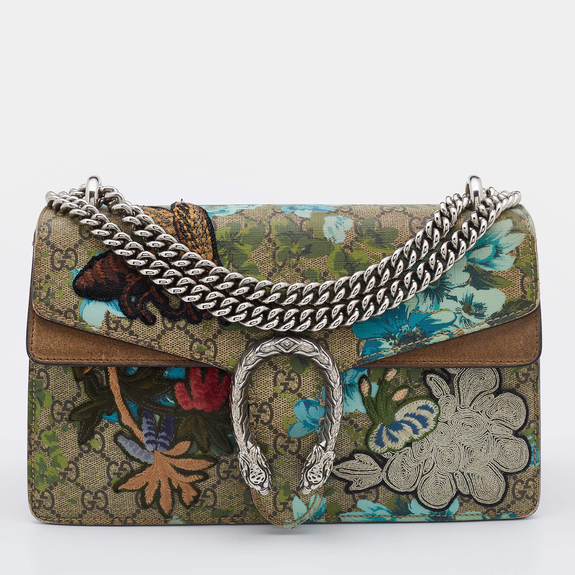 Pre Owned Gucci Beige GG Supreme Canvas and Suede Small Dionysus Floral/Bee Applique Shoulder Bag