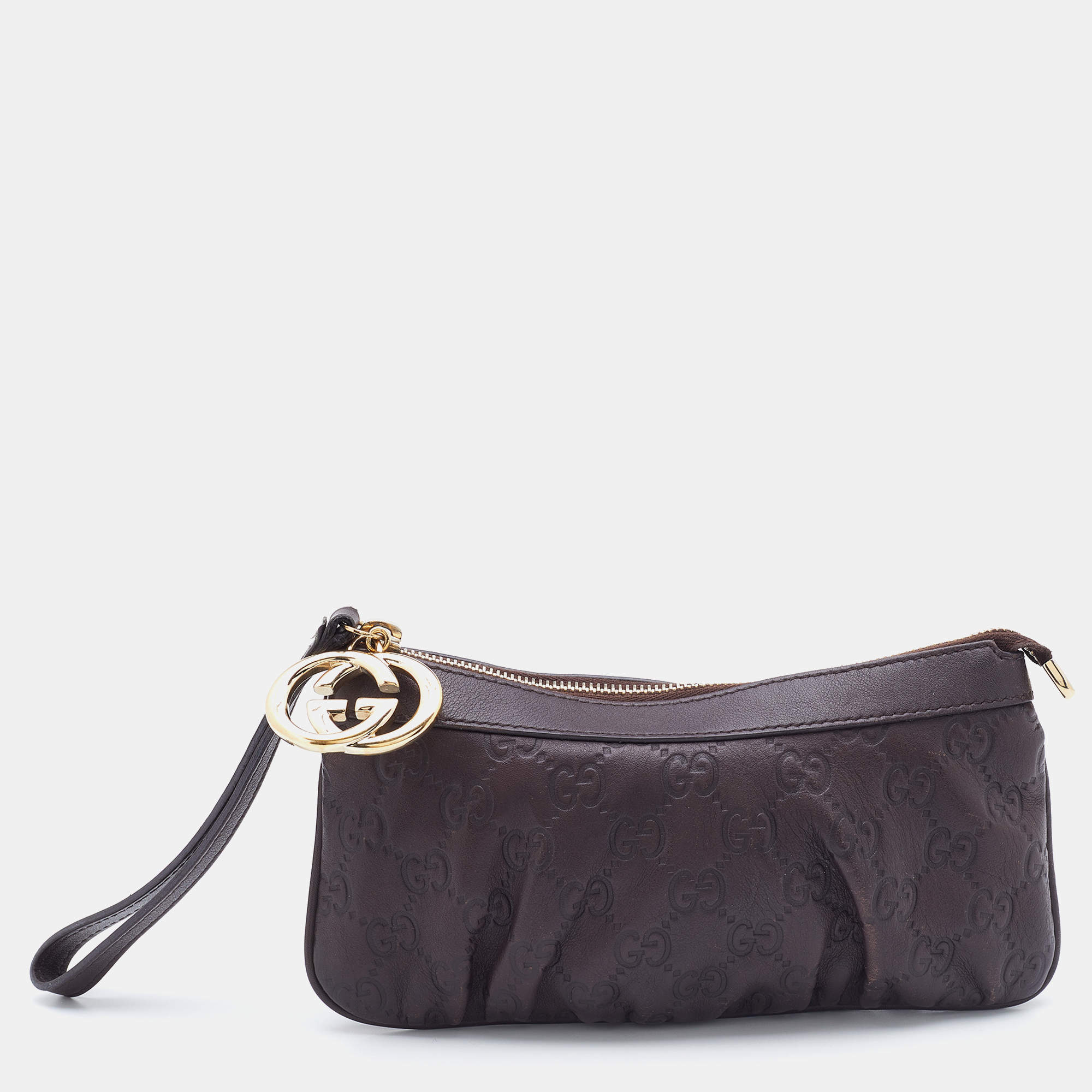 Pre Owned Gucci Brown Guccissima Leather Interlocking G Wristlet Clutch