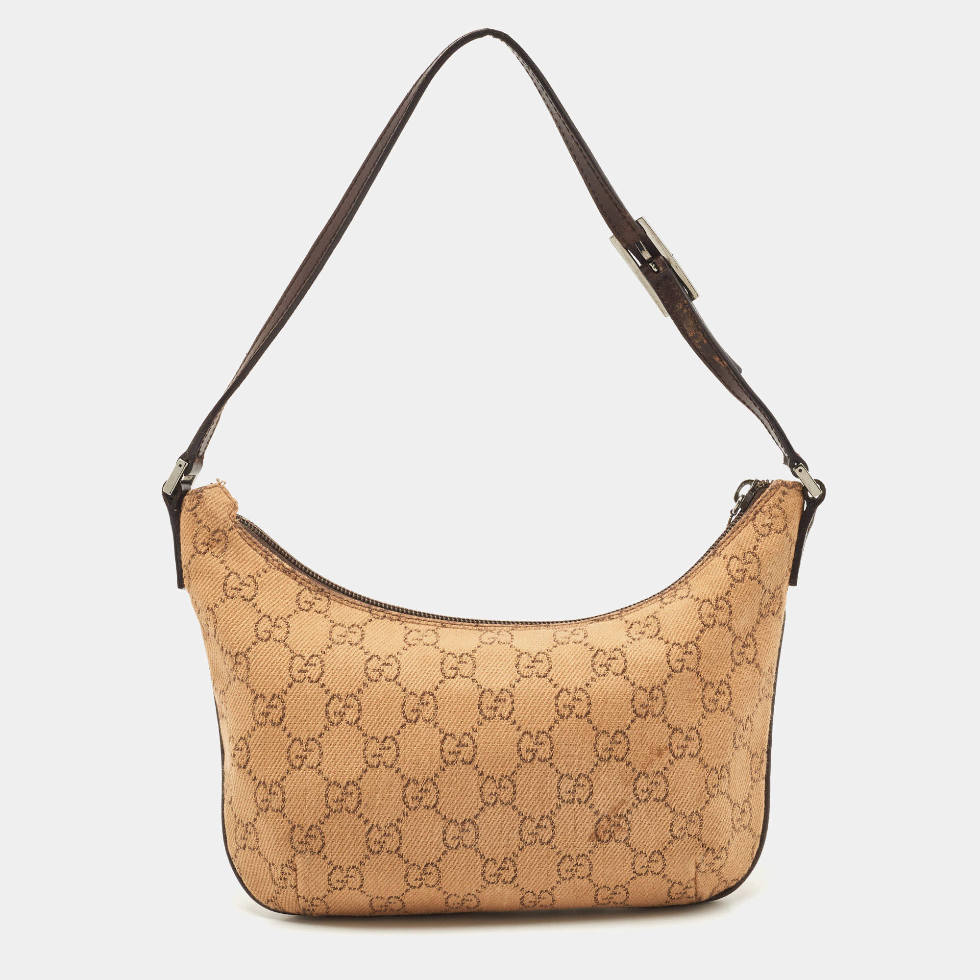 Pre Owned Gucci Beige/Brown GG Canvas and Leather Zip Hobo