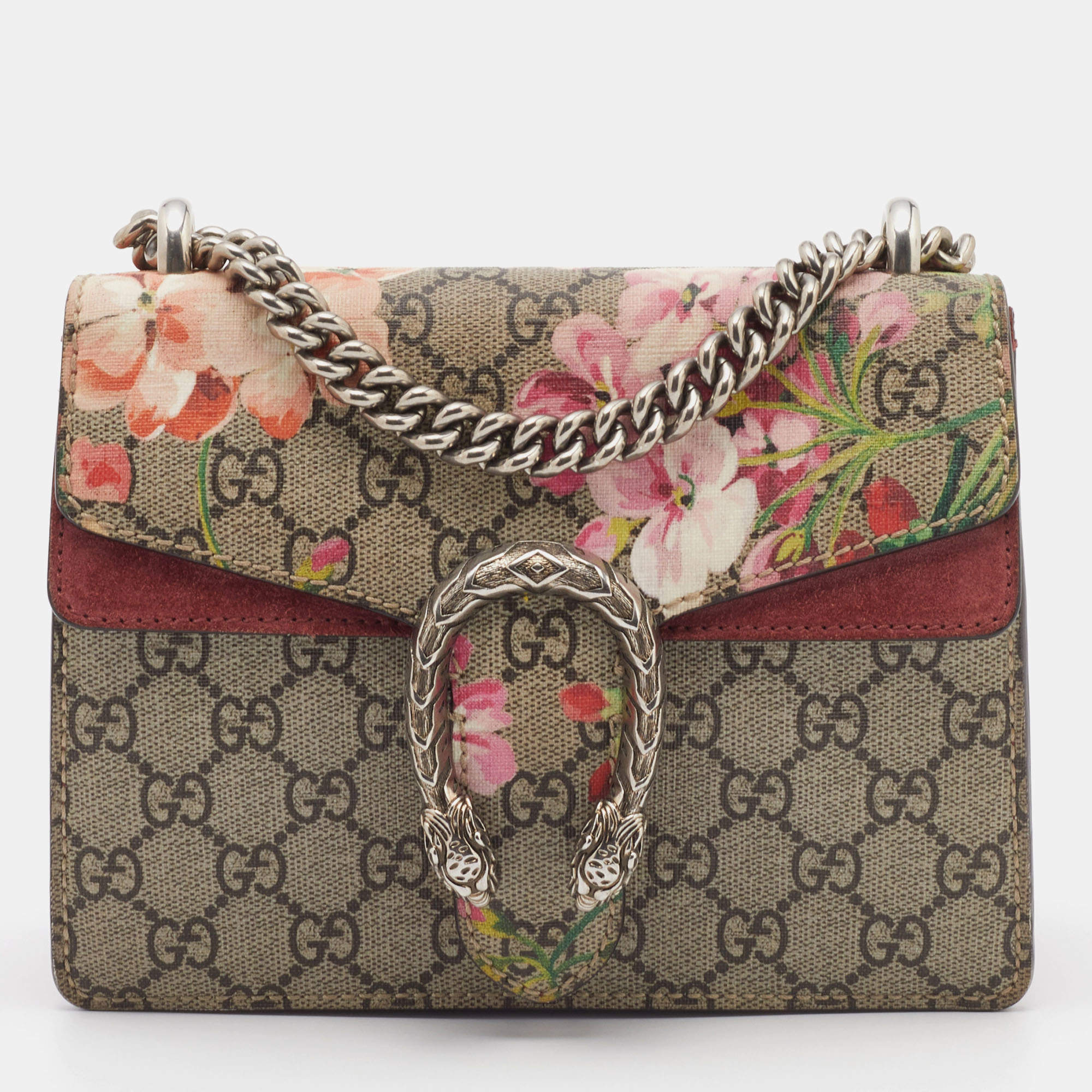 Pre Owned Gucci Old Rose/Beige GG Blooms Supreme Canvas and Suede Mini Dionysus Shoulder Bag