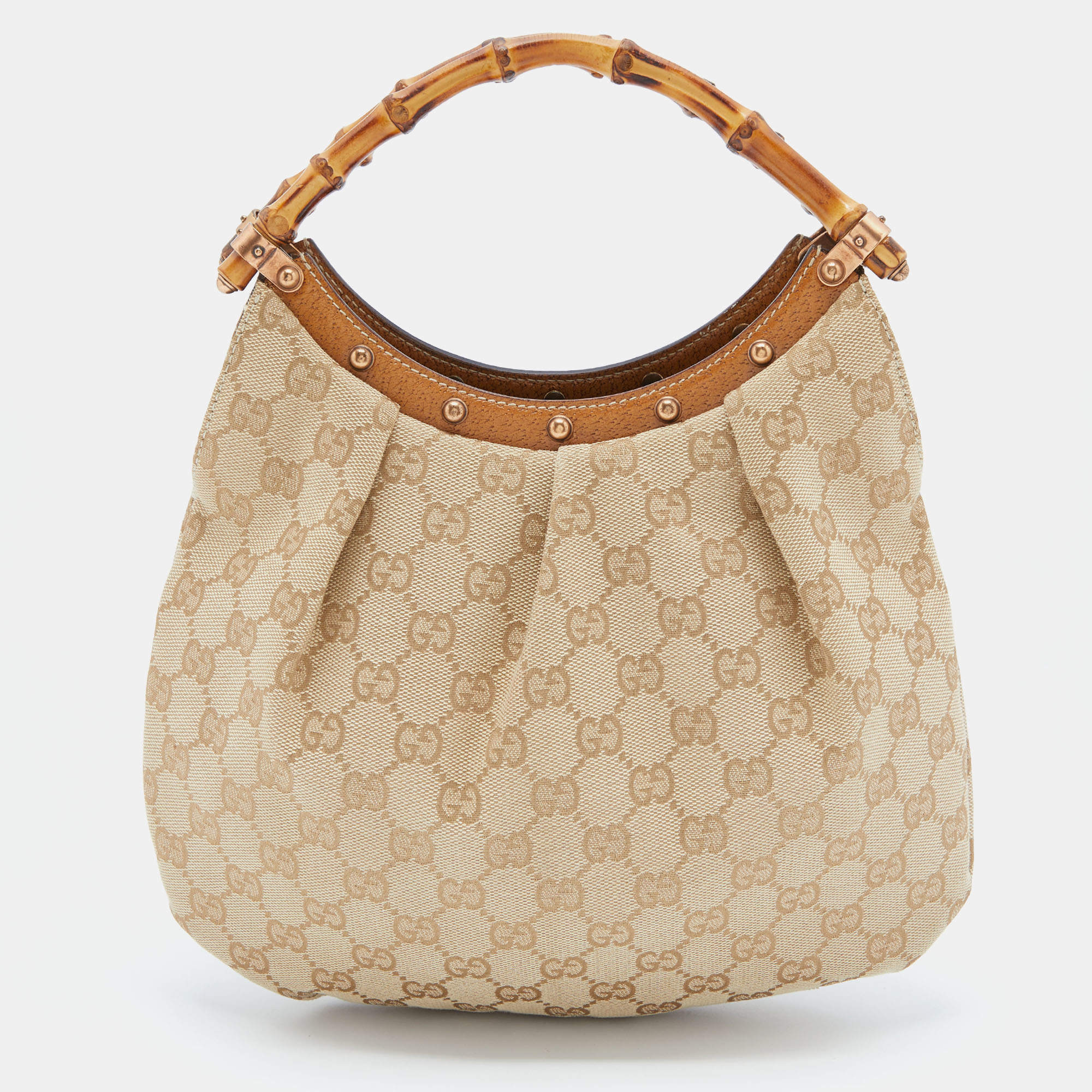 Pre Owned Gucci Beige GG Canvas and Leather Bamboo Handle Hobo