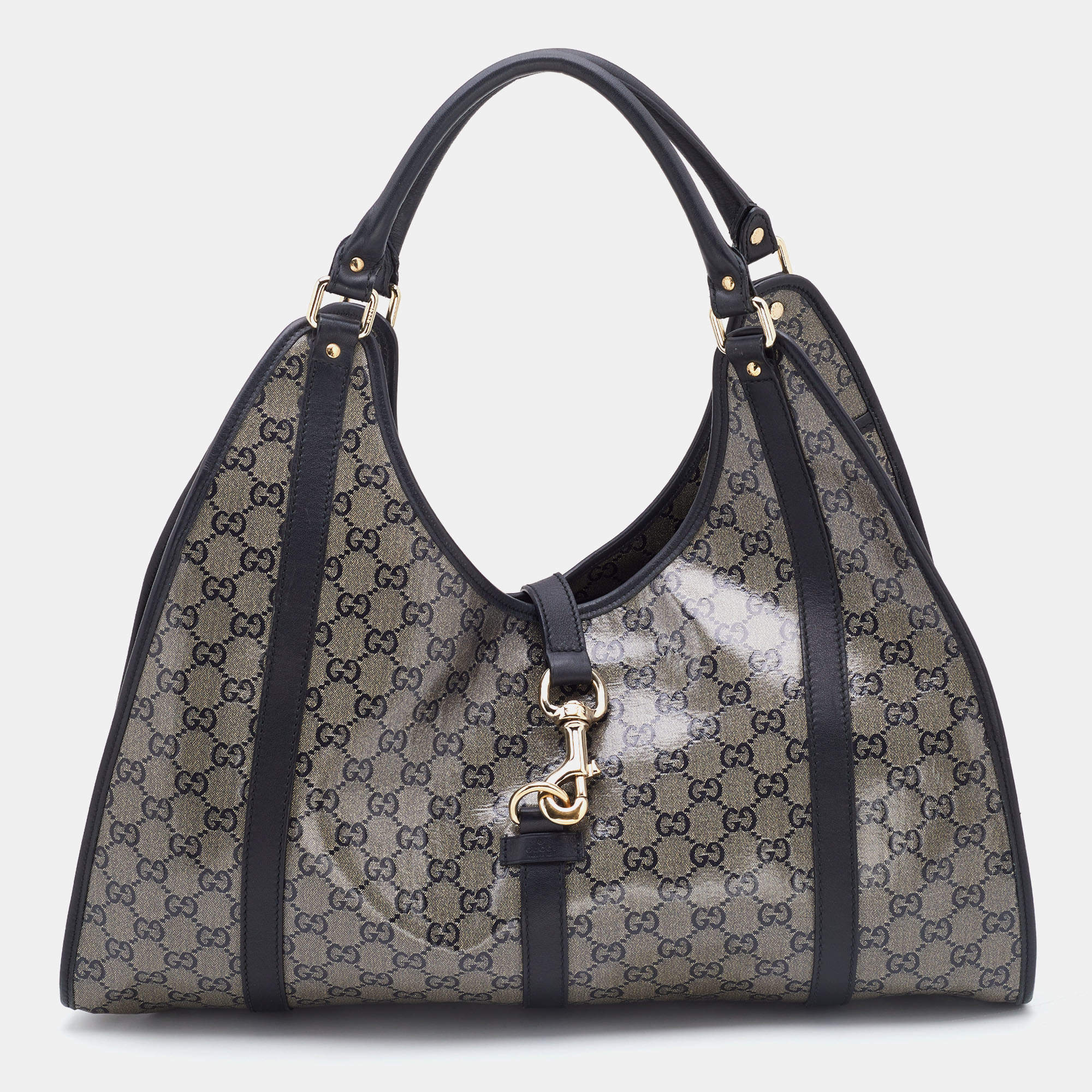 Pre Owned Gucci Grey/Black GG Crystal Canvas and Leather Large Bardot Joy Tote