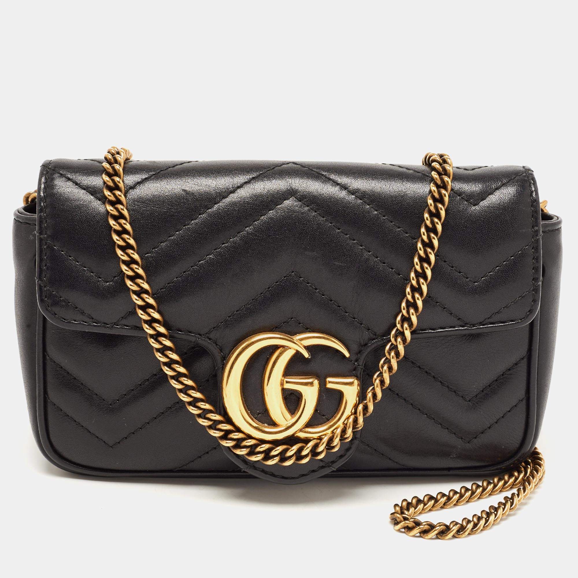 Pre Owned Gucci Black Matelassé Leather Super Mini GG Marmont Shoulder Bag