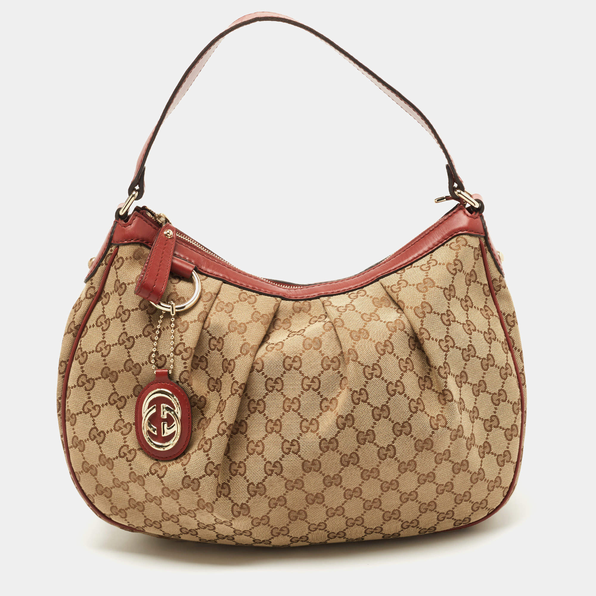 Pre Owned Gucci Red/Beige GG Canvas and Leather Medium Sukey Hobo