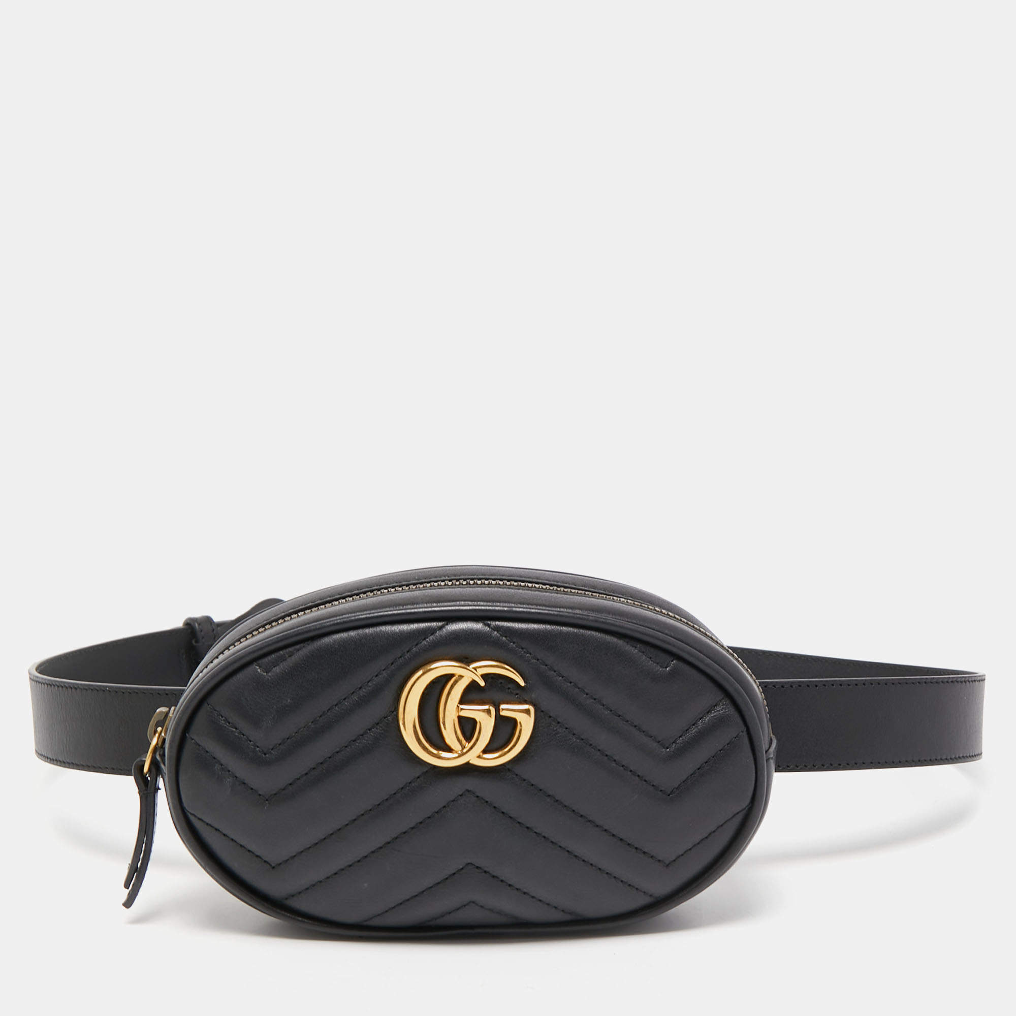 Gucci Black Matelassé Leather GG Marmont Belt Bag