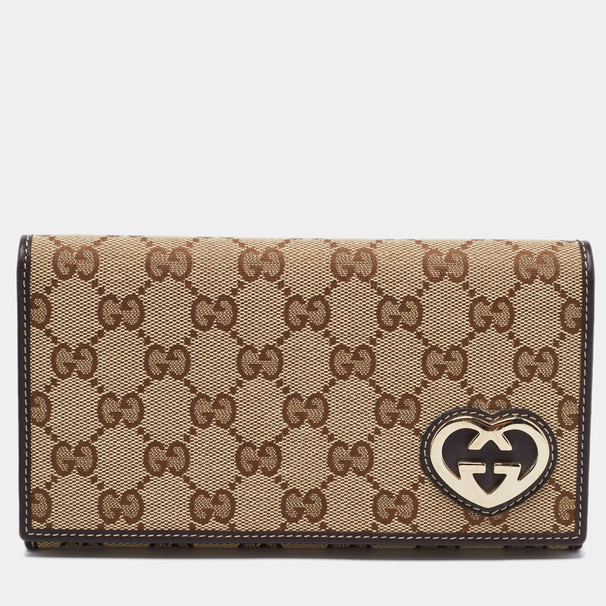 مملوكة مسبقًا Gucci Beige/Dark Brown GG Canvas Lovely Heart Continental Wallet