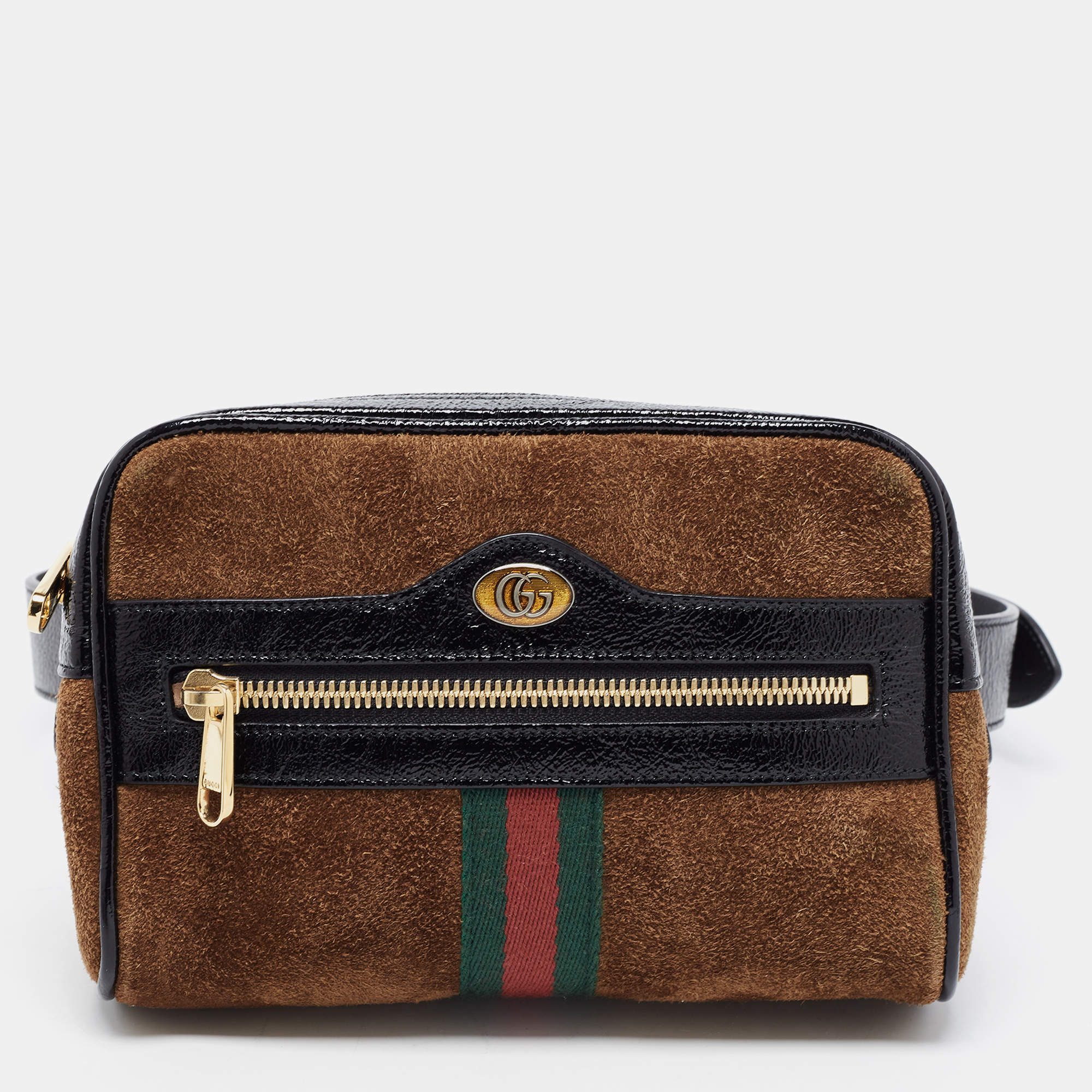 Pre Owned Gucci Brown Suede and Patent Leather GG Ophidia Belt Bag