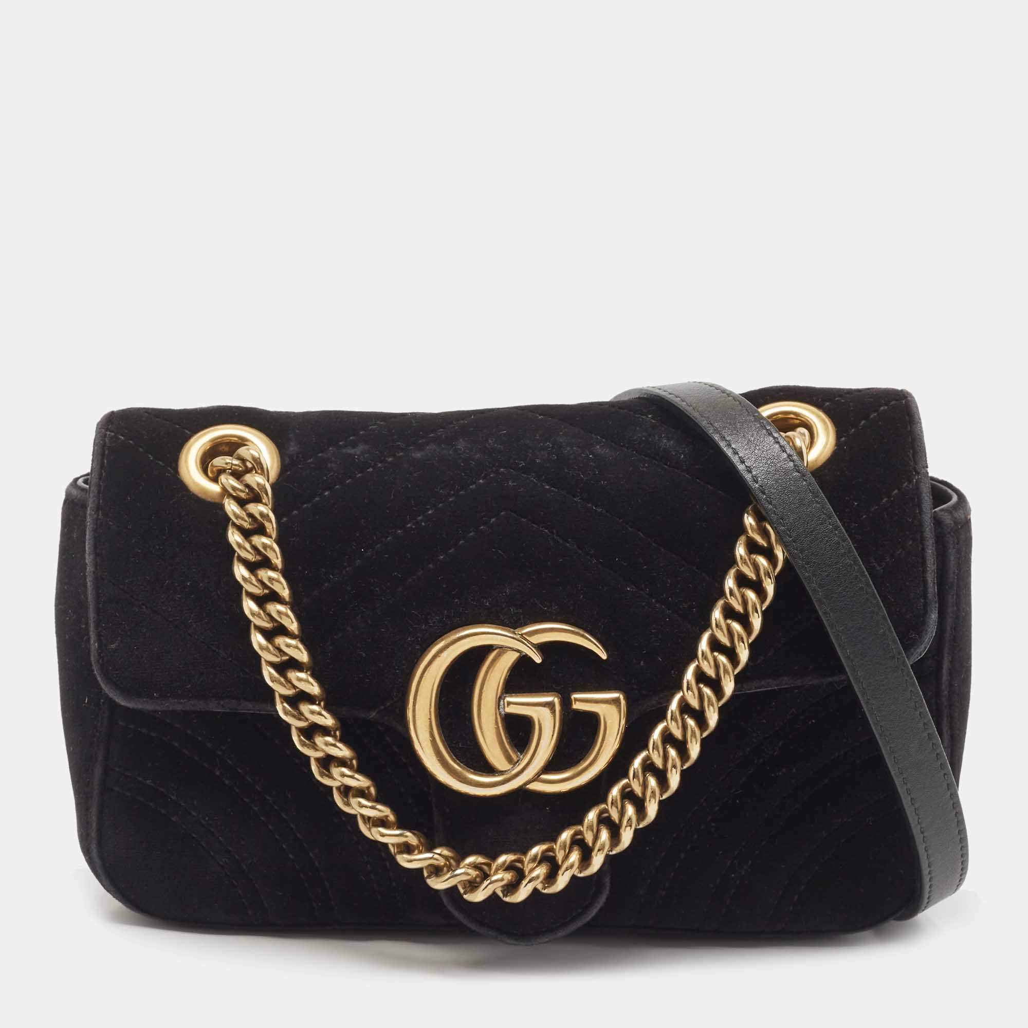 Pre Owned Gucci Black Velvet Matelassé Velvet Mini GG Marmont Shoulder Bag