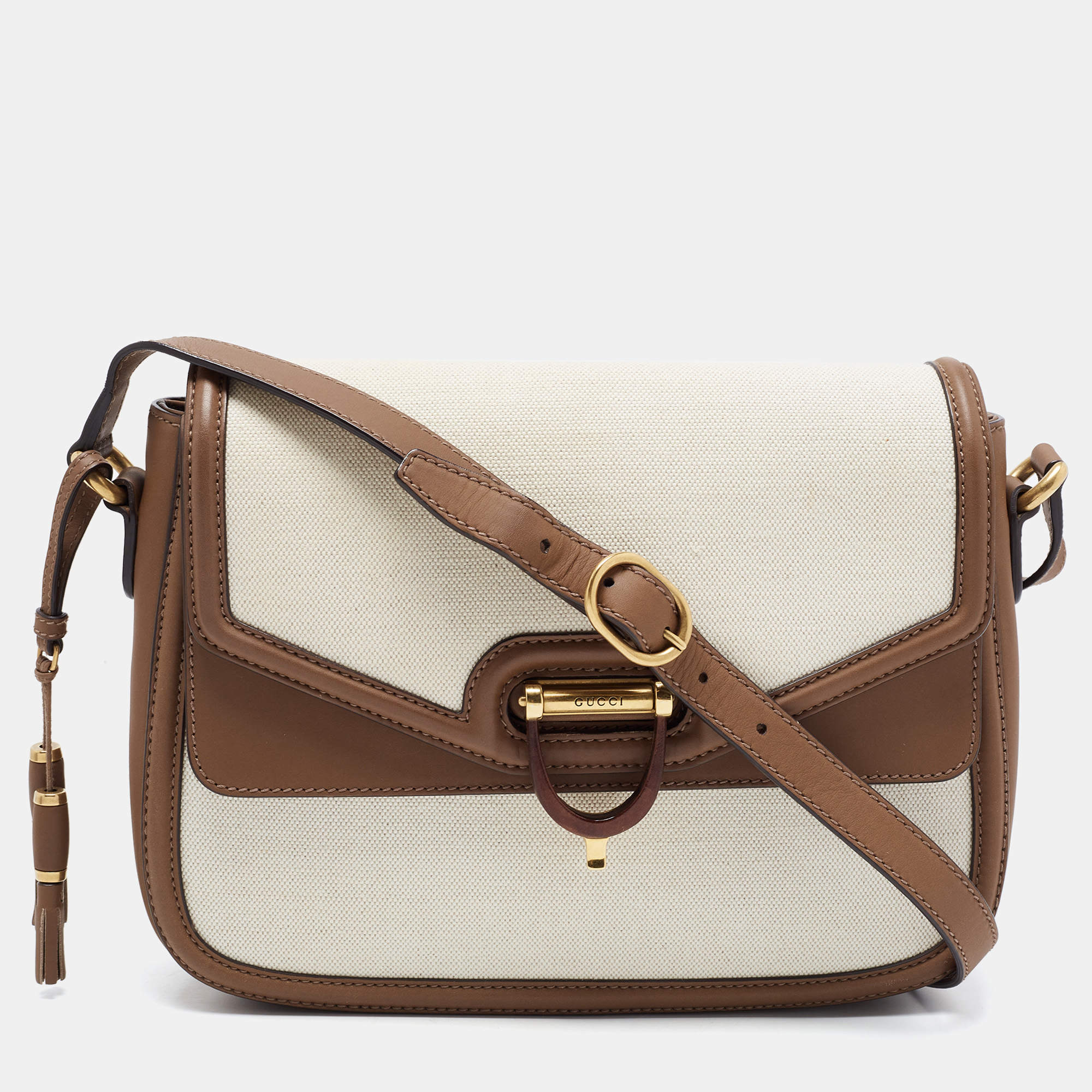 Pre Owned Gucci Brown/Off White Canvas and Leather Derby Shoulder Bag