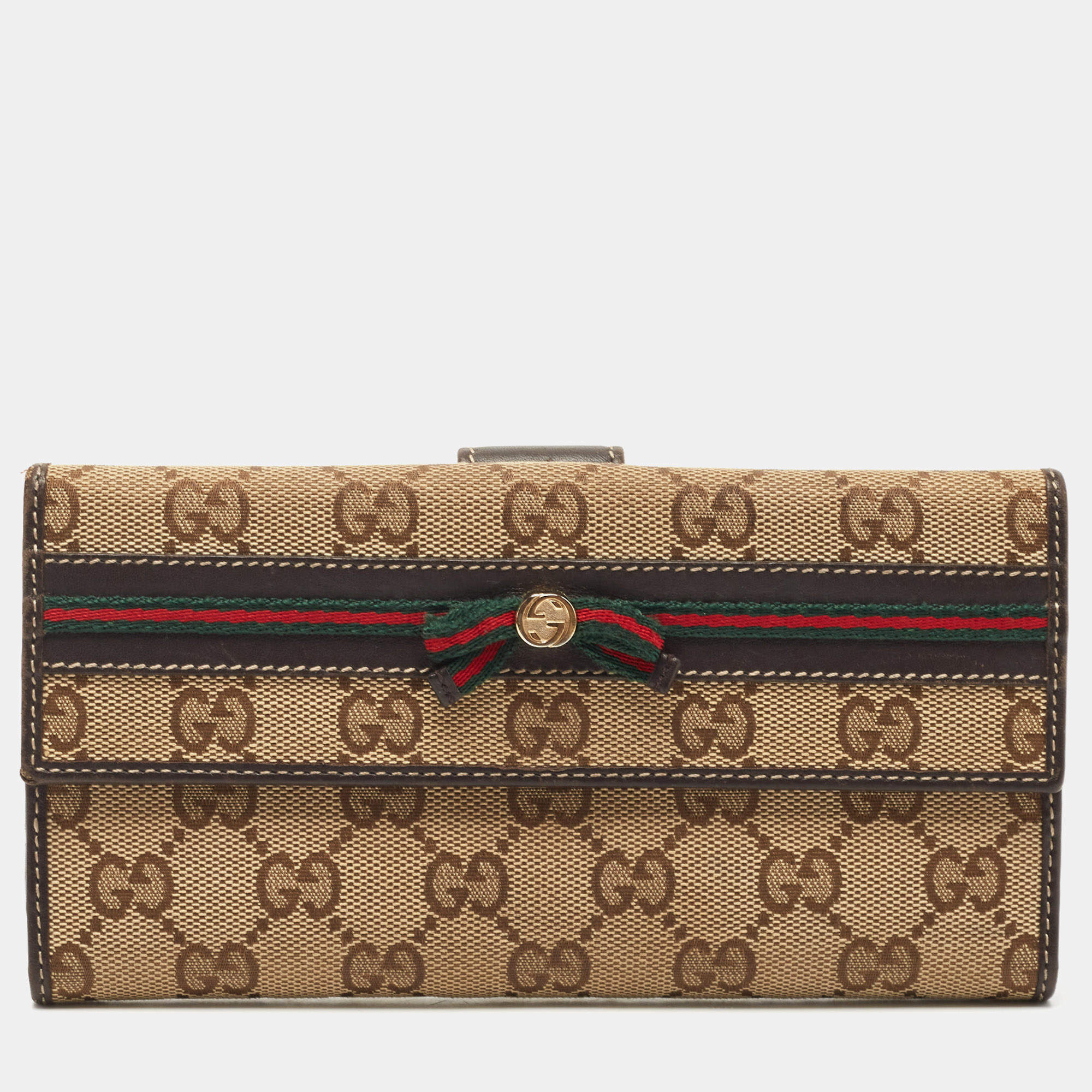 Gucci Brown/Beige GG Canvas and Canvas Mayfair Bow Continental Wallet