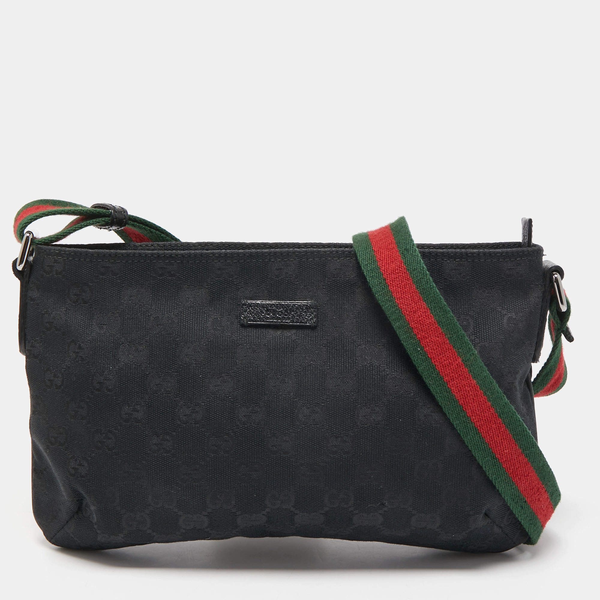 Pre Owned Gucci Black GG Canvas Web Crossbody Bag