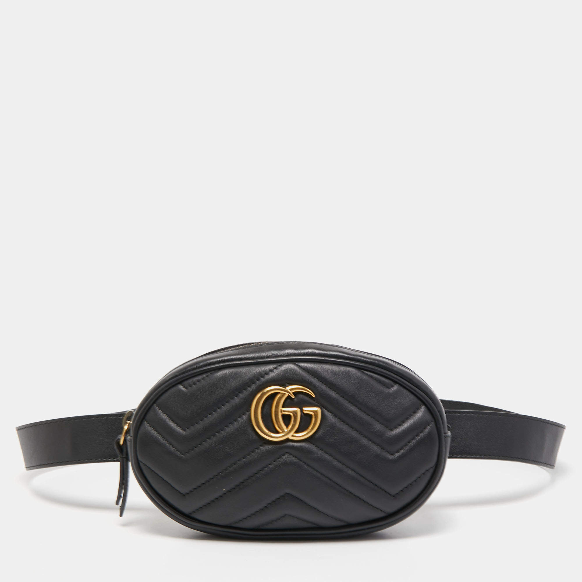 Pre Owned Gucci Black Matelassé Leather GG Marmont Belt Bag