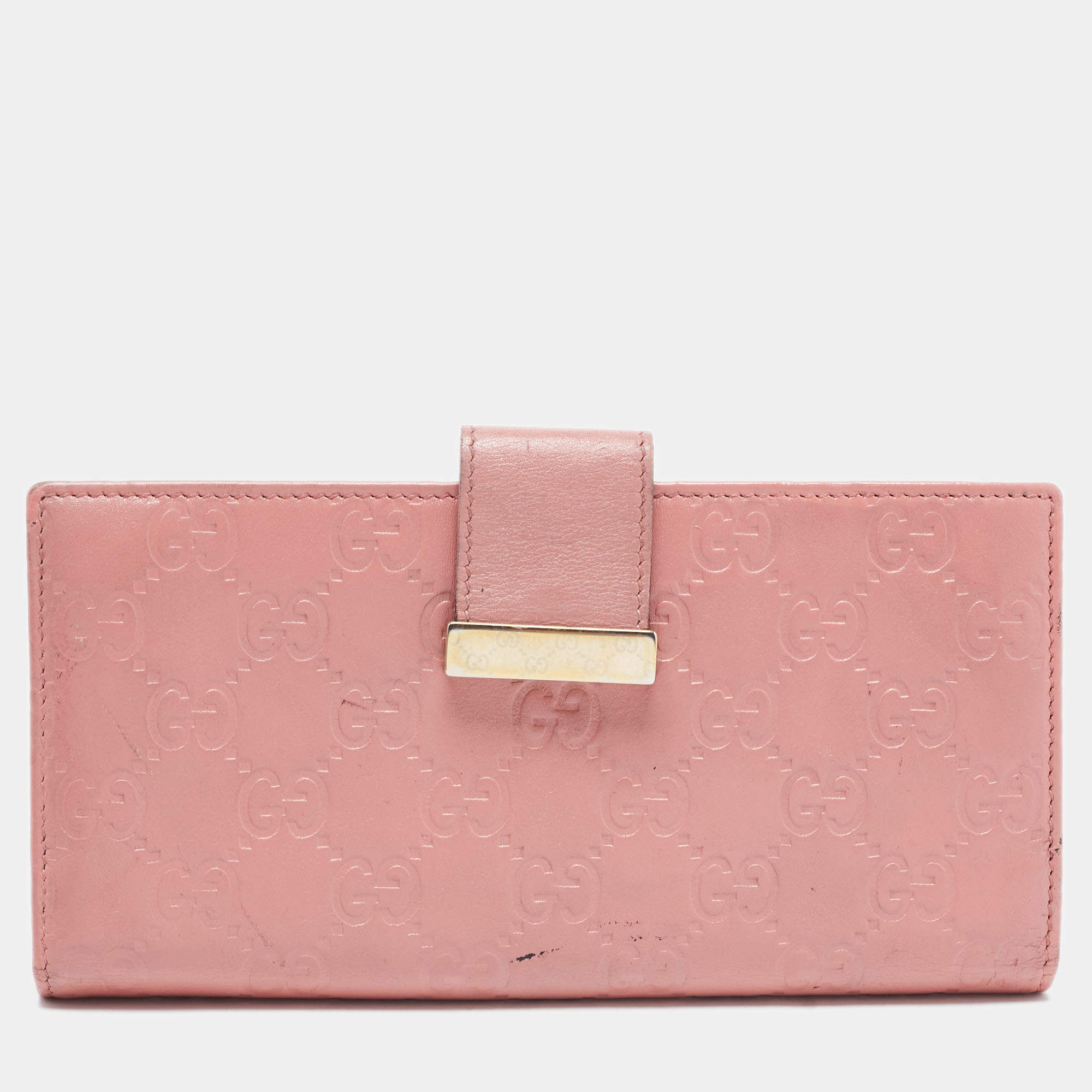 Pre Owned Gucci Pink Guccissima Leather Metal Flap Continental Wallet