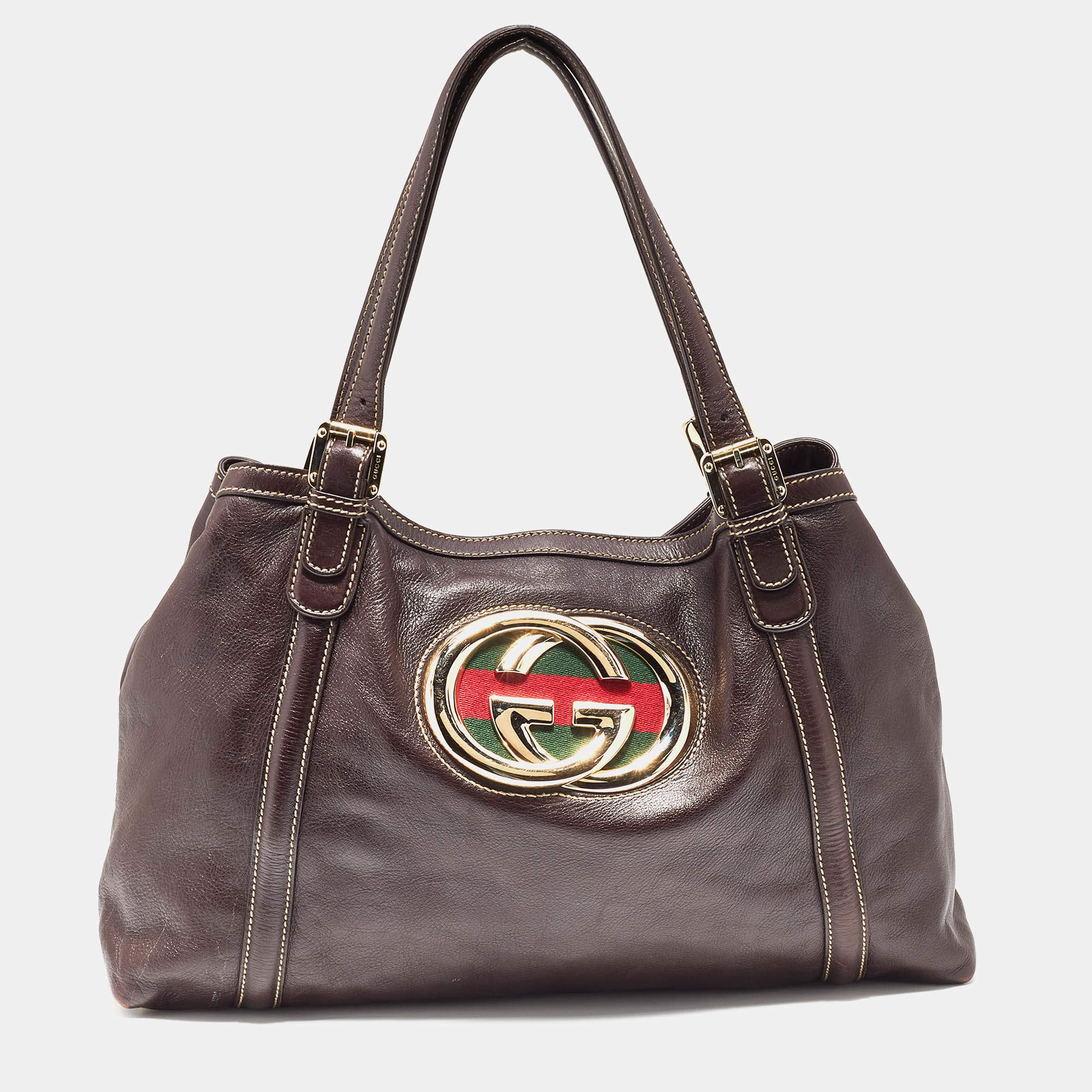 Pre Owned Gucci Brown Leather Medium GG Britt Shoulder Bag