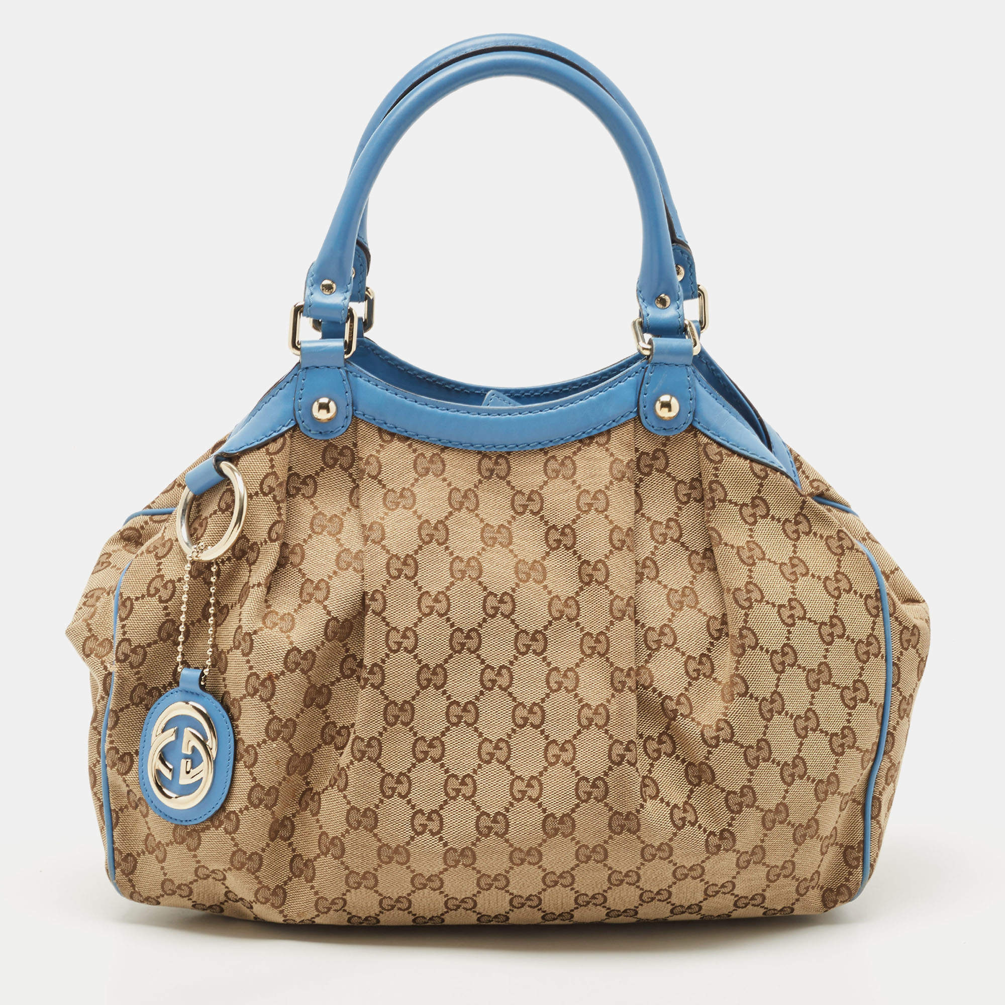 Pre Owned Gucci Blue/Beige GG Canvas and Leather Medium Sukey Tote