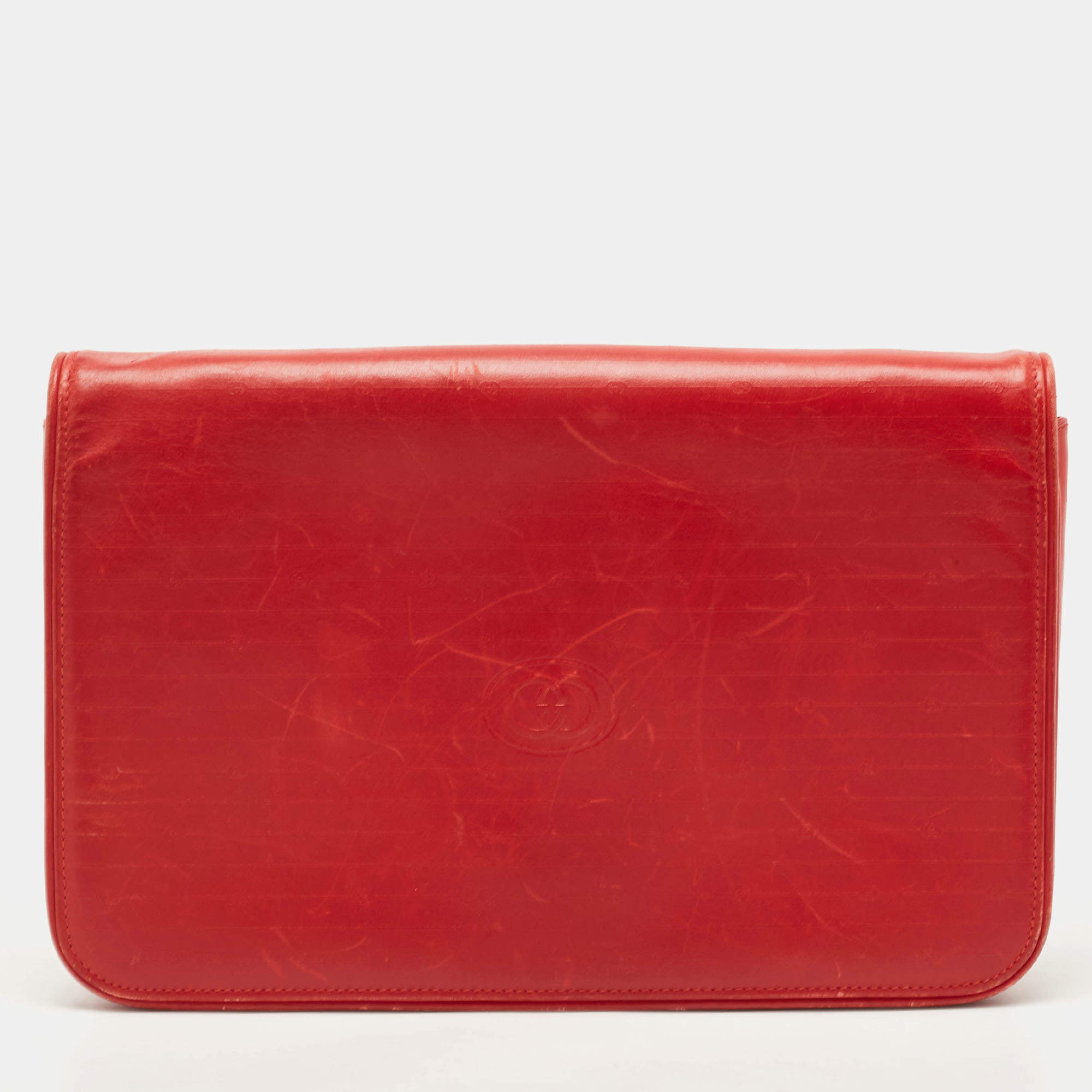 Pre Owned Gucci Red Leather Interlocking G Embossed Leather Flap Clutch