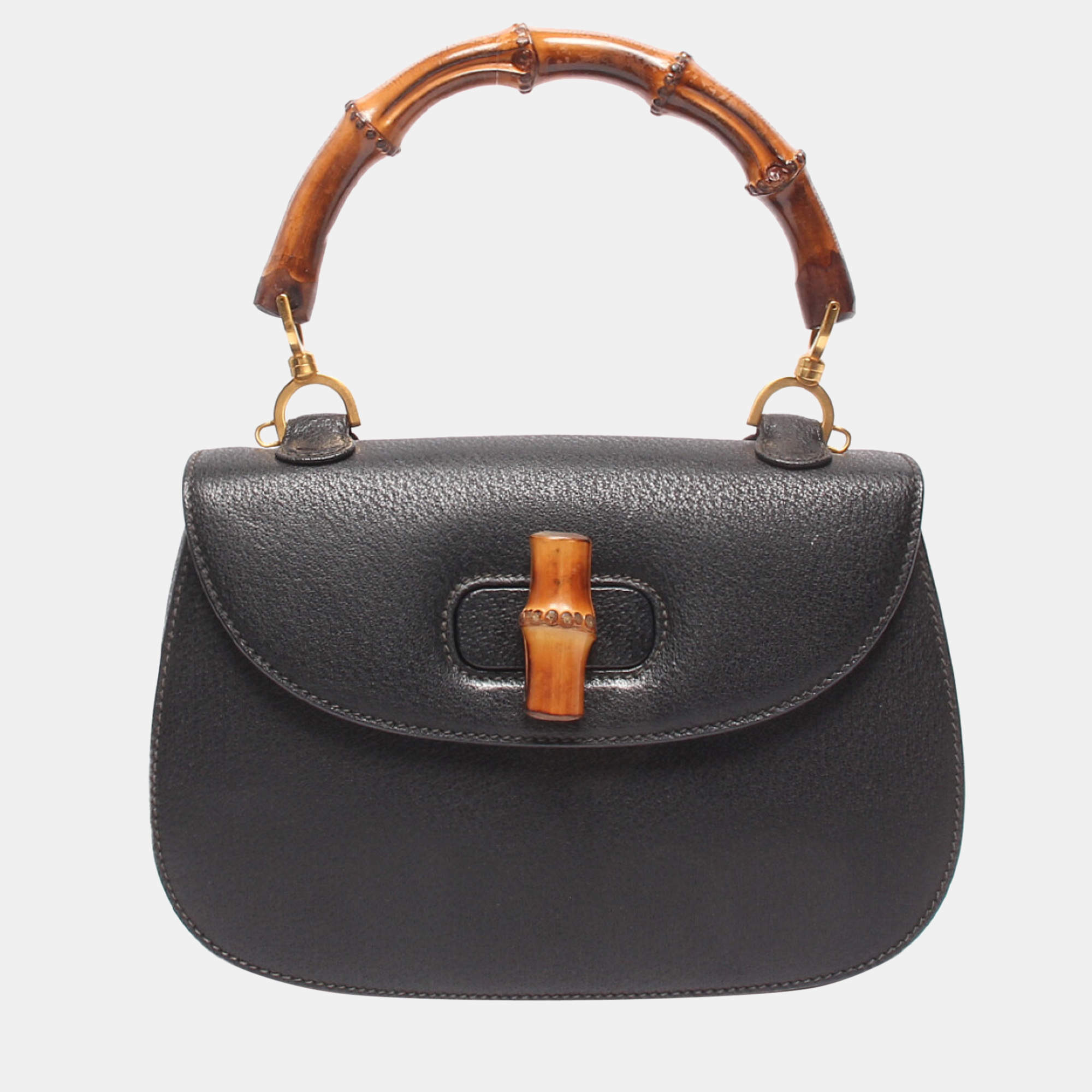 Pre Owned Gucci Black Leather Bamboo Top handle bag