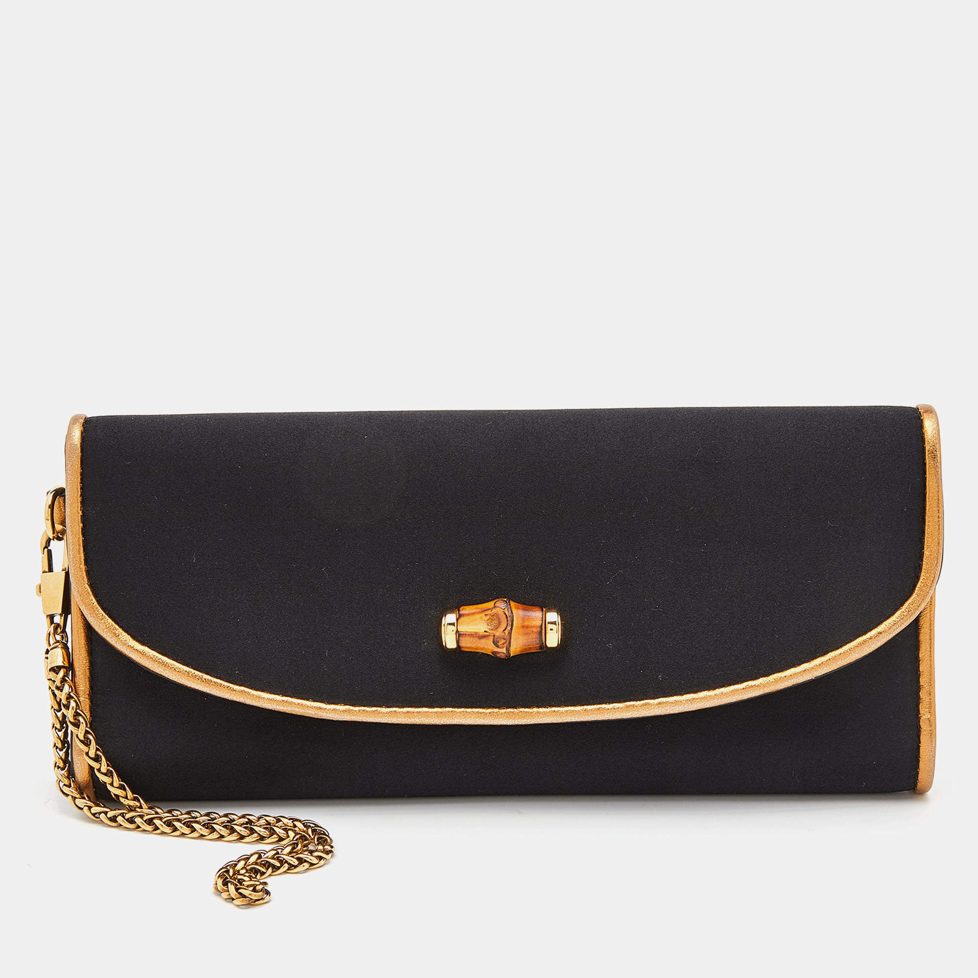 Pre Owned Gucci Black Satin and Leather Wristlet Clutch