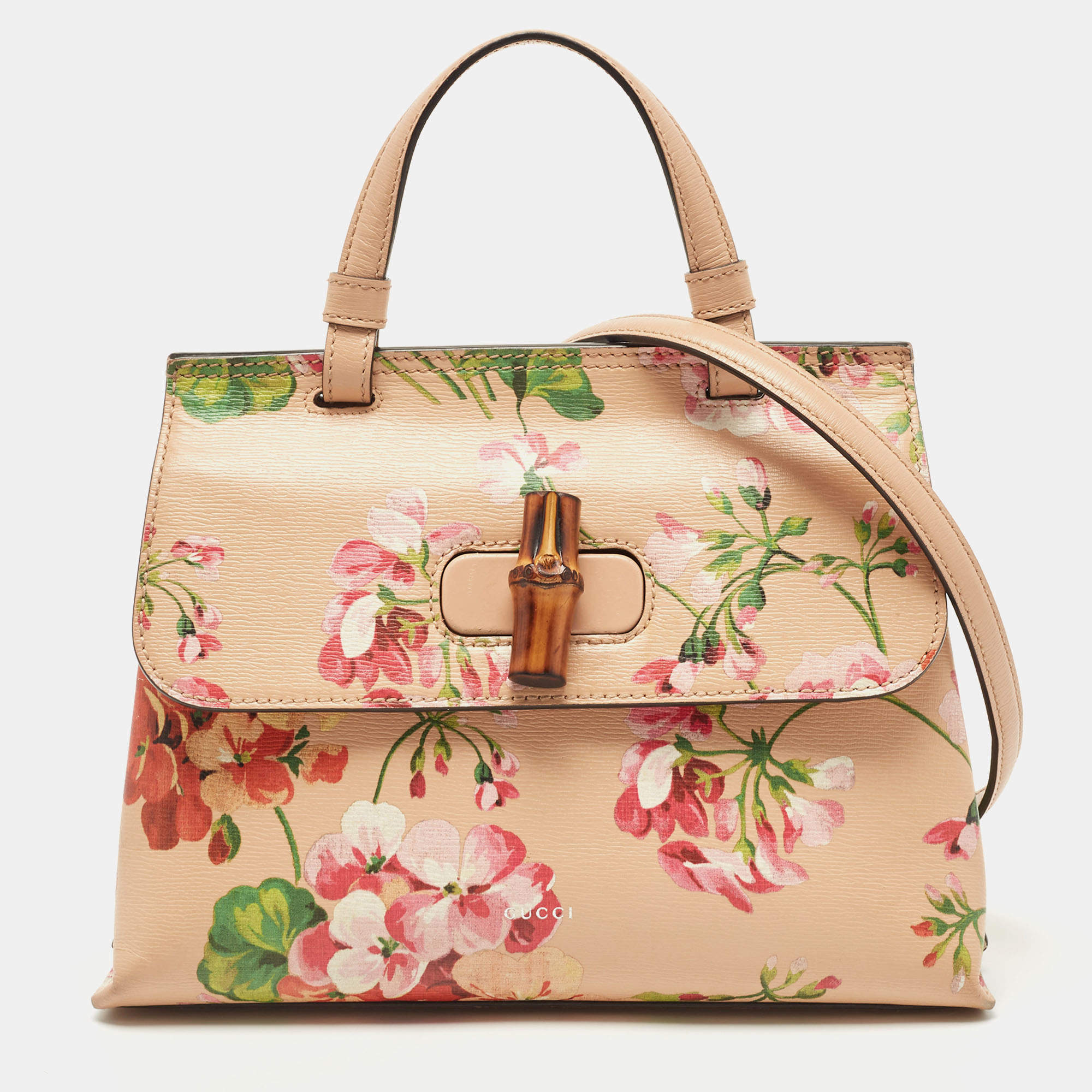 Pre Owned Gucci Pink Apricot Blooms Print Leather Bamboo Daily Top Handle Bag