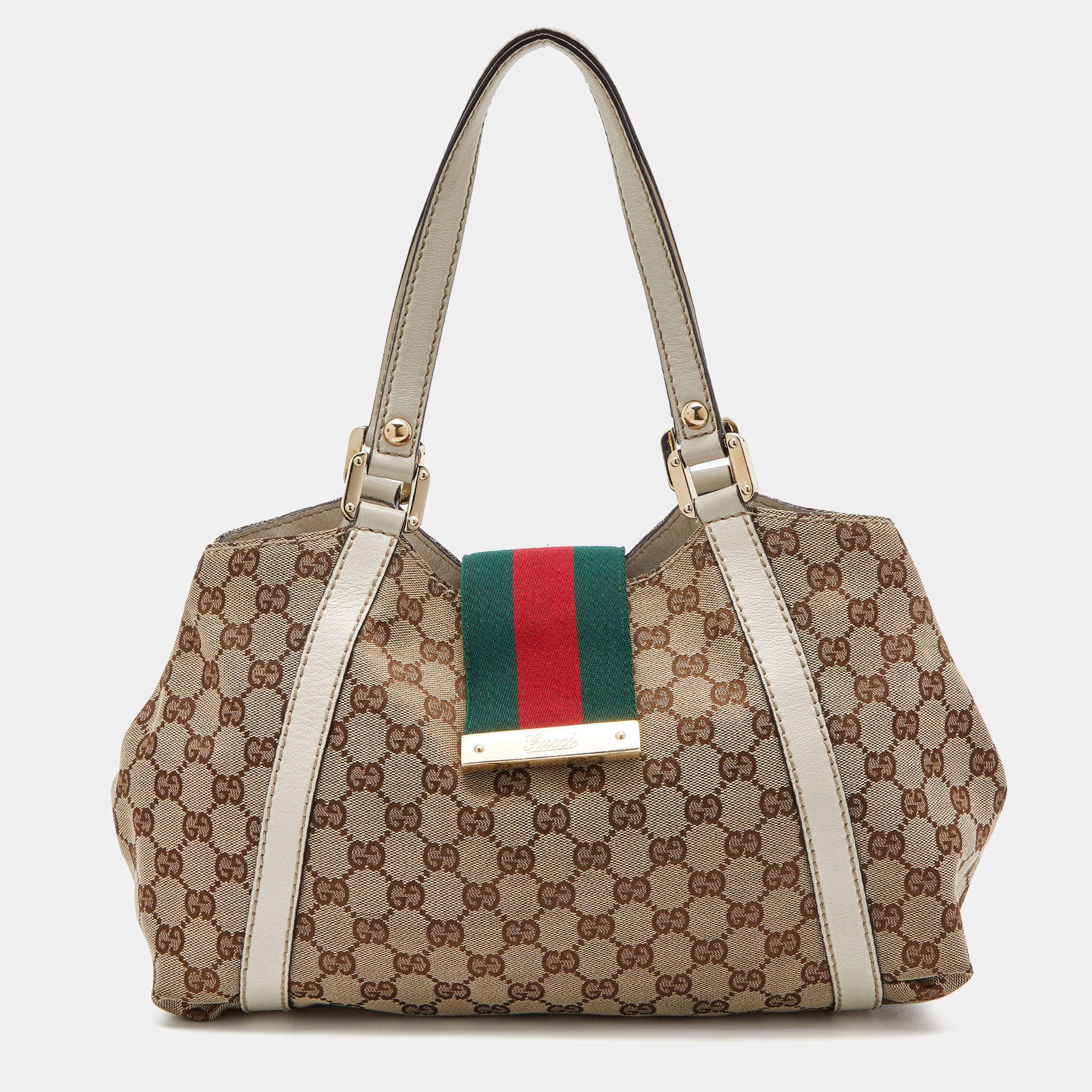 Pre Owned Gucci Beige/Cream GG Canvas and Leather New Ladies Web Hobo