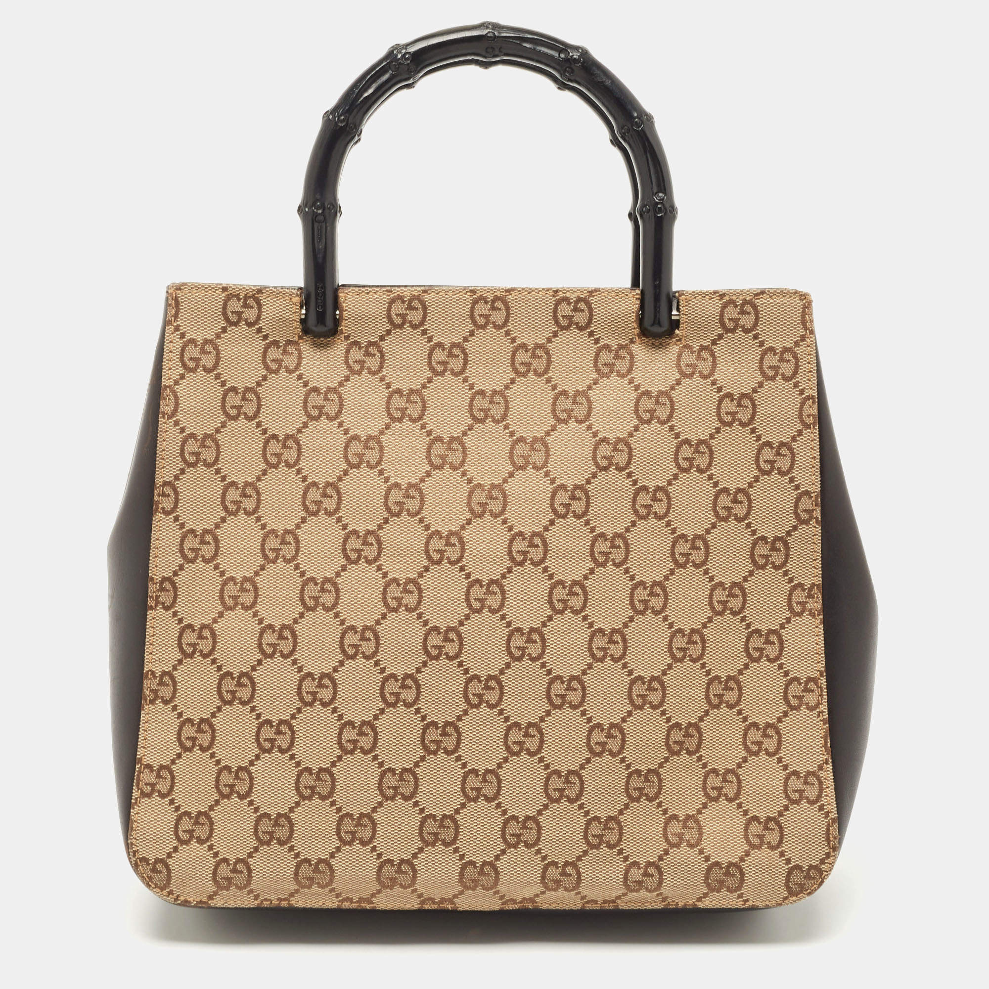 Pre Owned Gucci Beige/Brown Canvas And Leather Bamboo Handle Tote