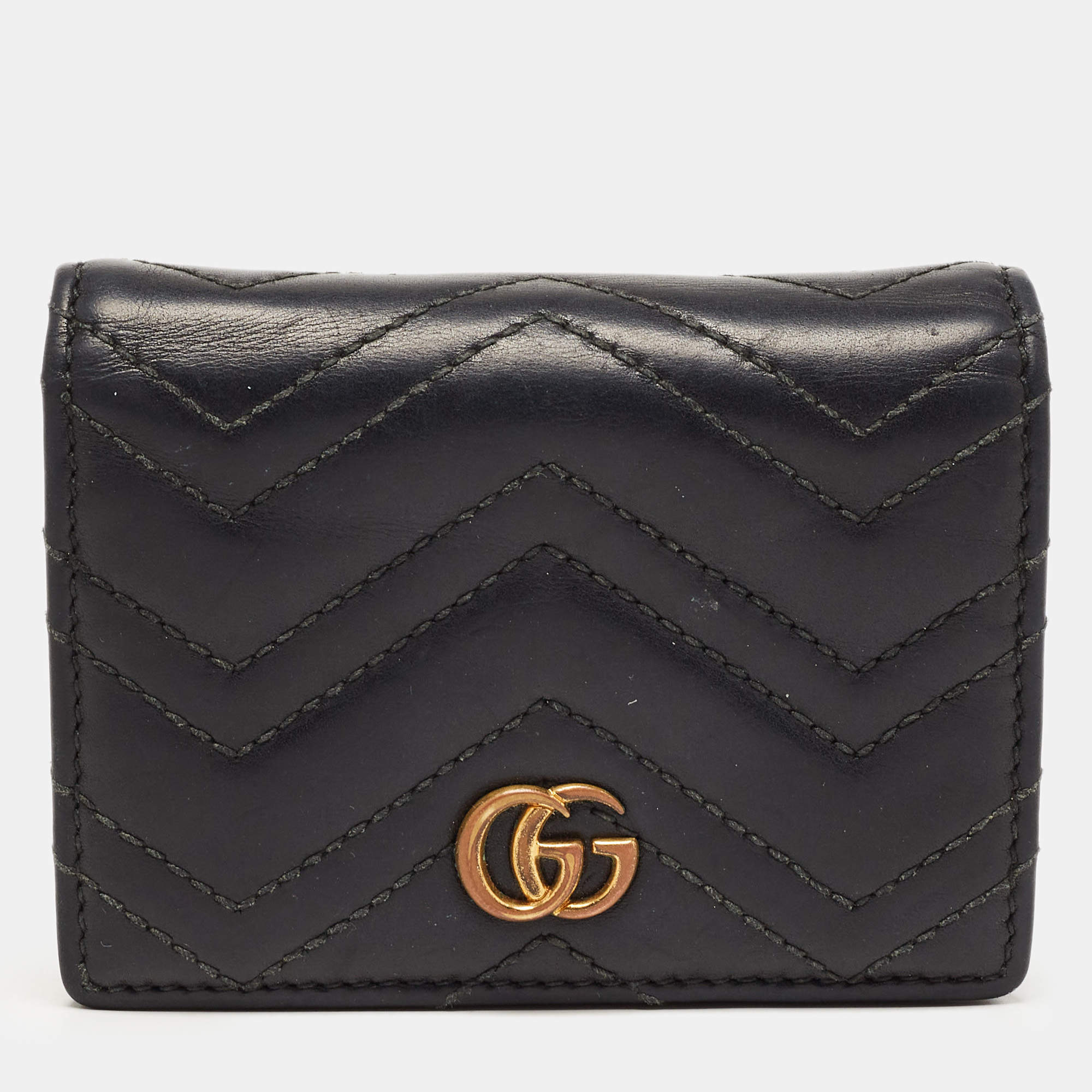 Gucci Charcoal Black Matelassé Leather GG Marmont Card Case