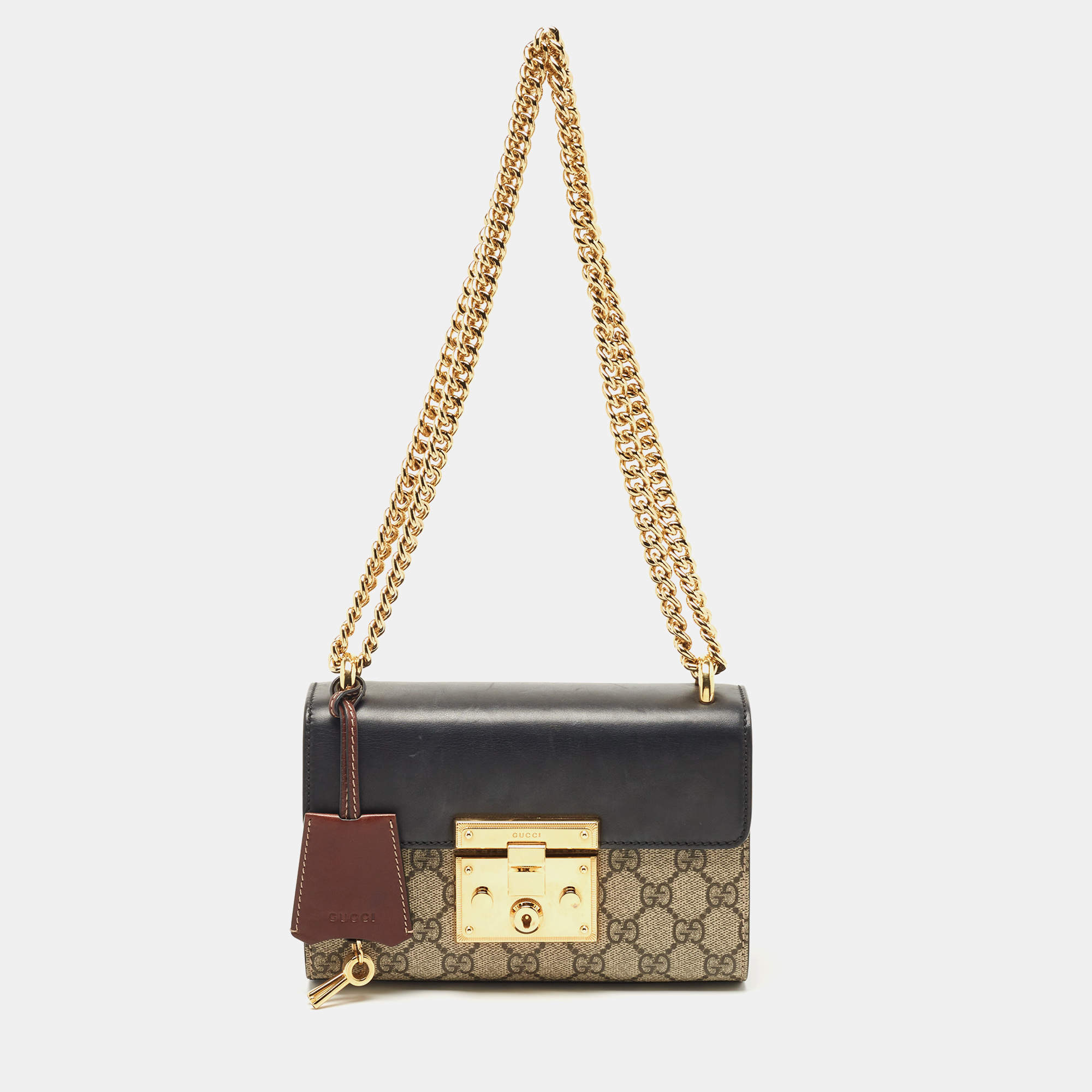 Pre Owned Gucci Black/Beige GG Supreme Canvas and Leather Small Padlock Shoulder Bag