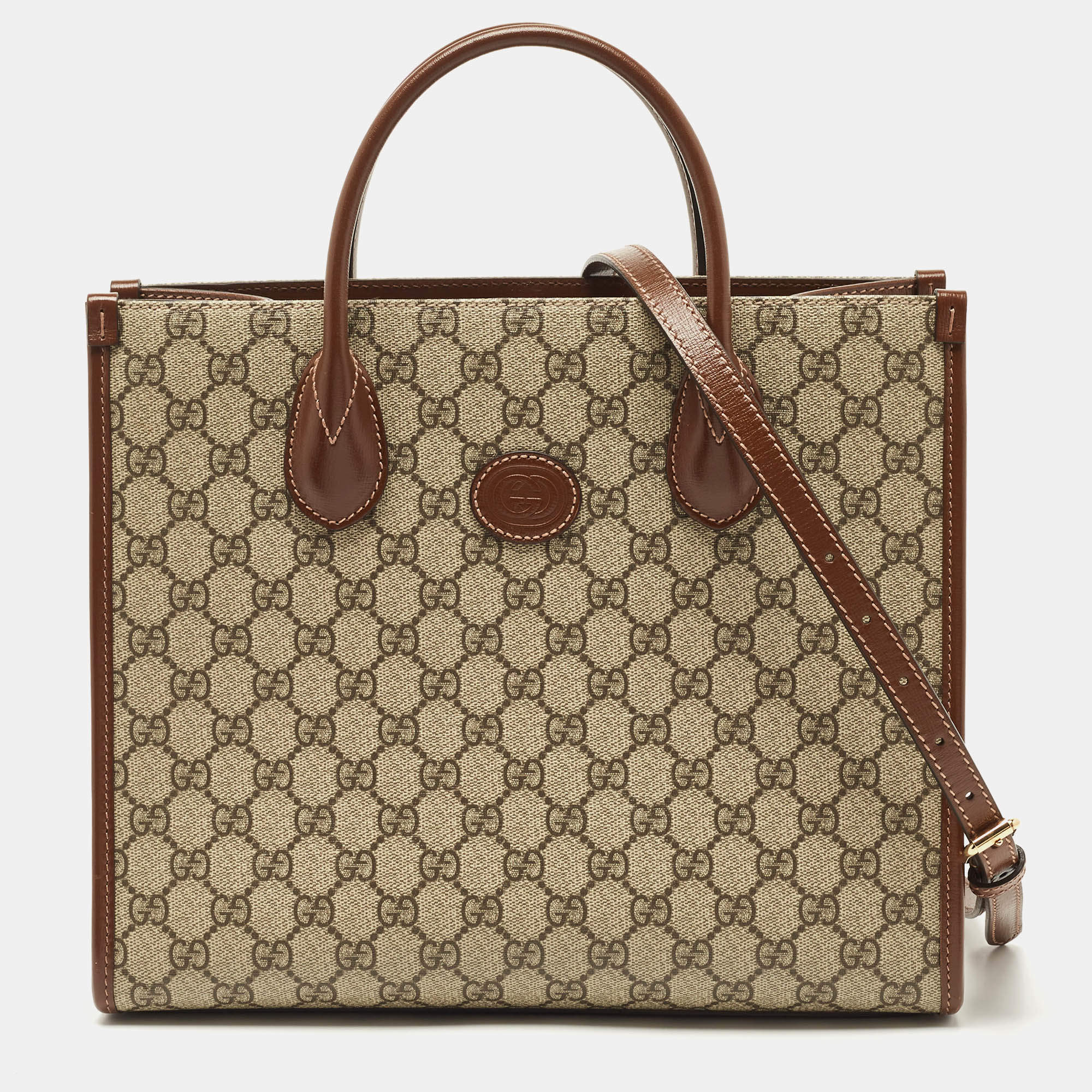 Pre Owned Gucci Brown/Beige GG Supreme Canvas and Leather Small Tote