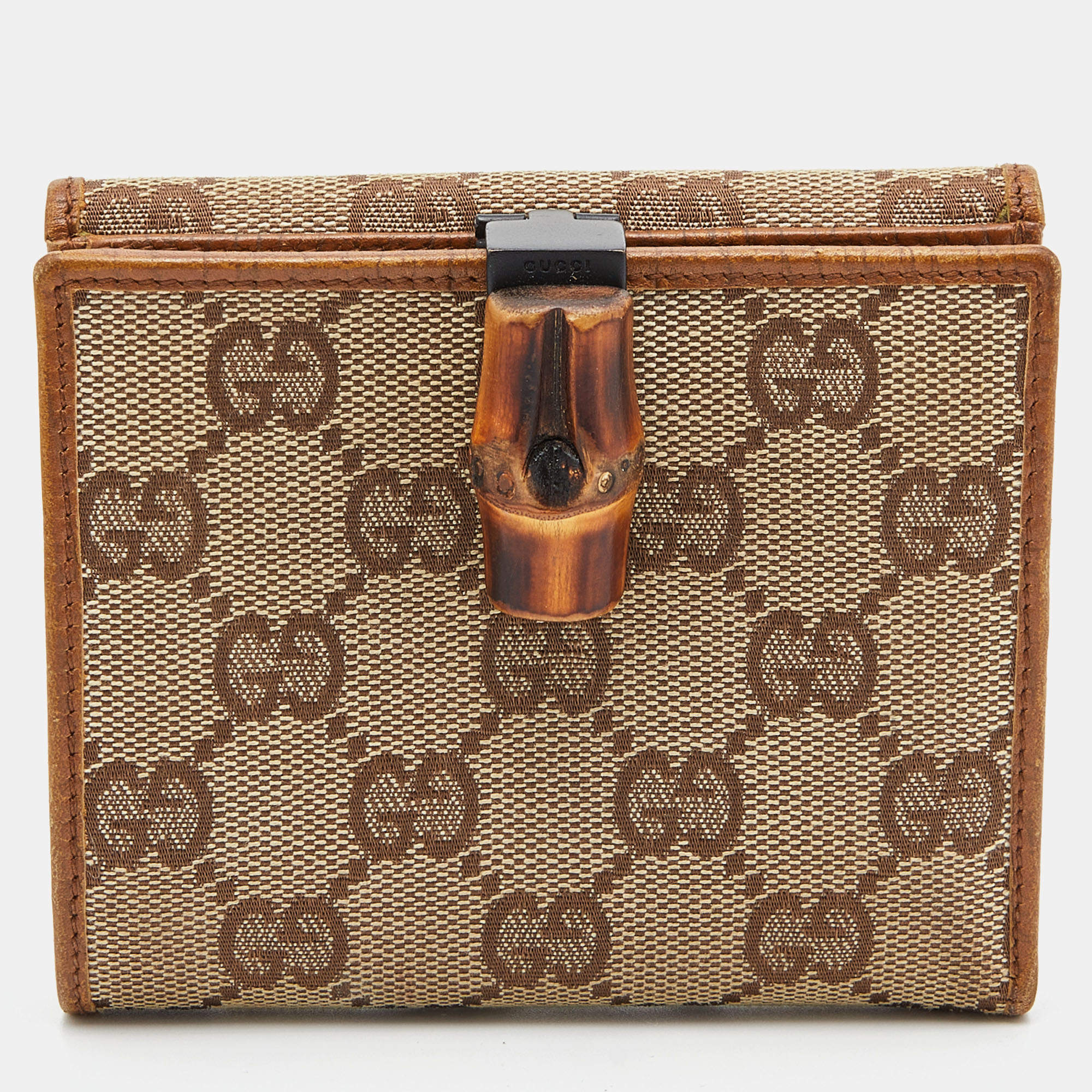 Gucci Beige/Tan GG Canvas and Leather Bamboo Compact Wallet