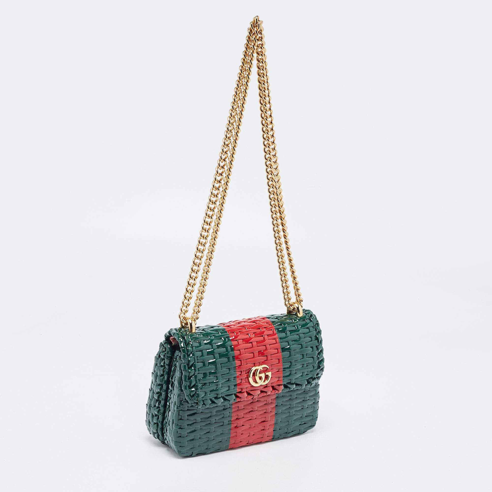 Gucci Green Red Glazed Wicker Mini Cestino Shoulder Bag