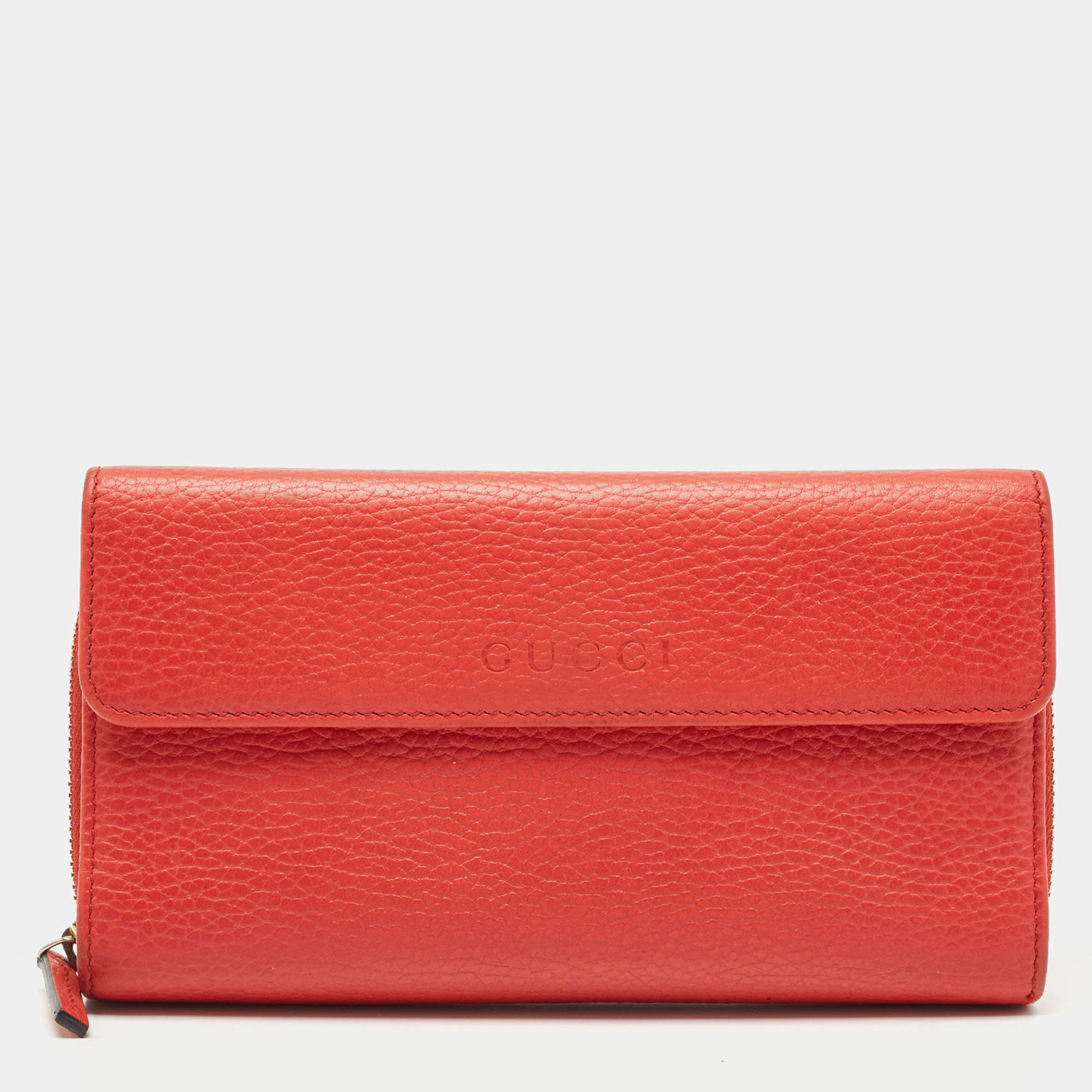 Gucci Coral Orange Leather Zip Around Continental Wallet