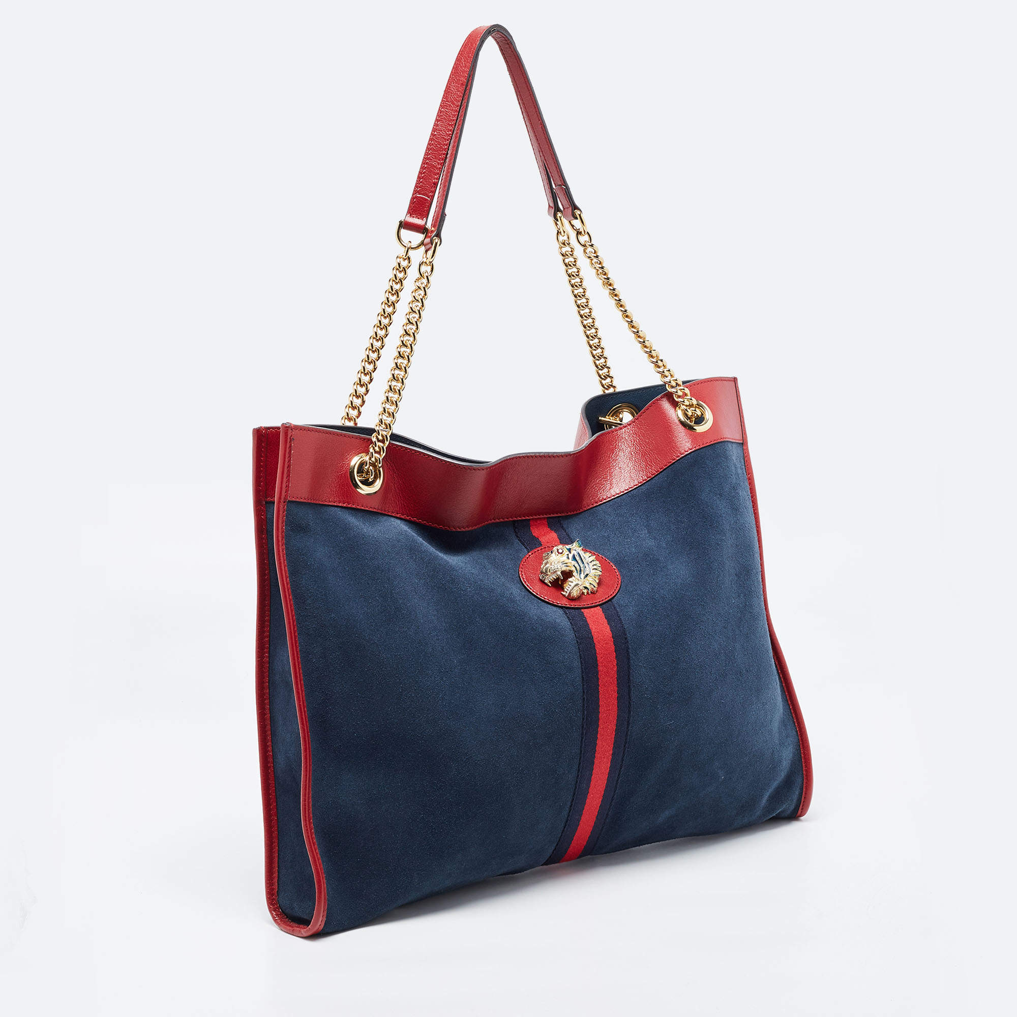 Gucci Rajah Suede Shopping Tote Bag Navy Blue Red