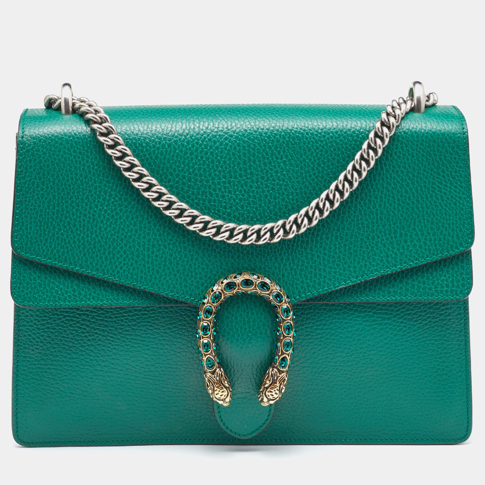 Pre Owned Gucci Green Leather Medium Dionysus Shoulder Bag