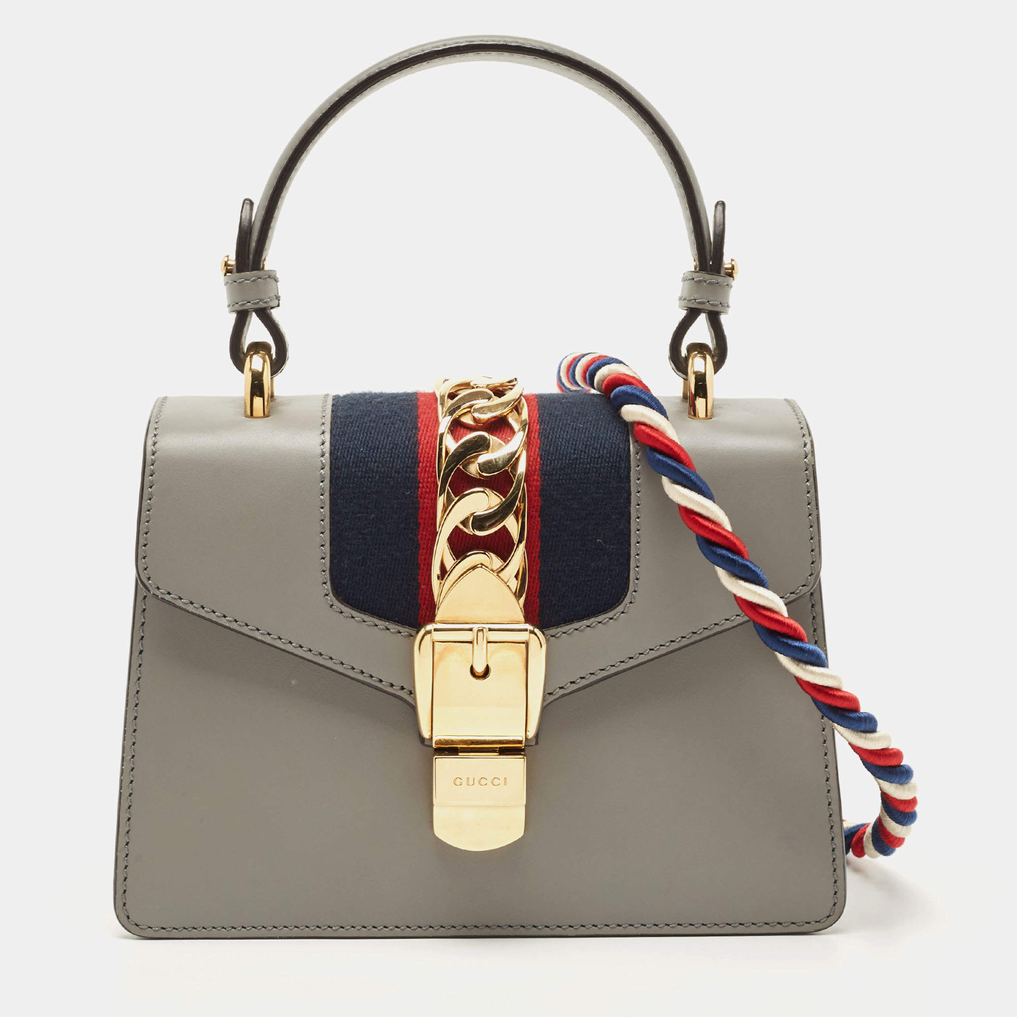 مملوكة مسبقًا Gucci Grey Leather Mini Web Chain Sylvie Top Handle Bag