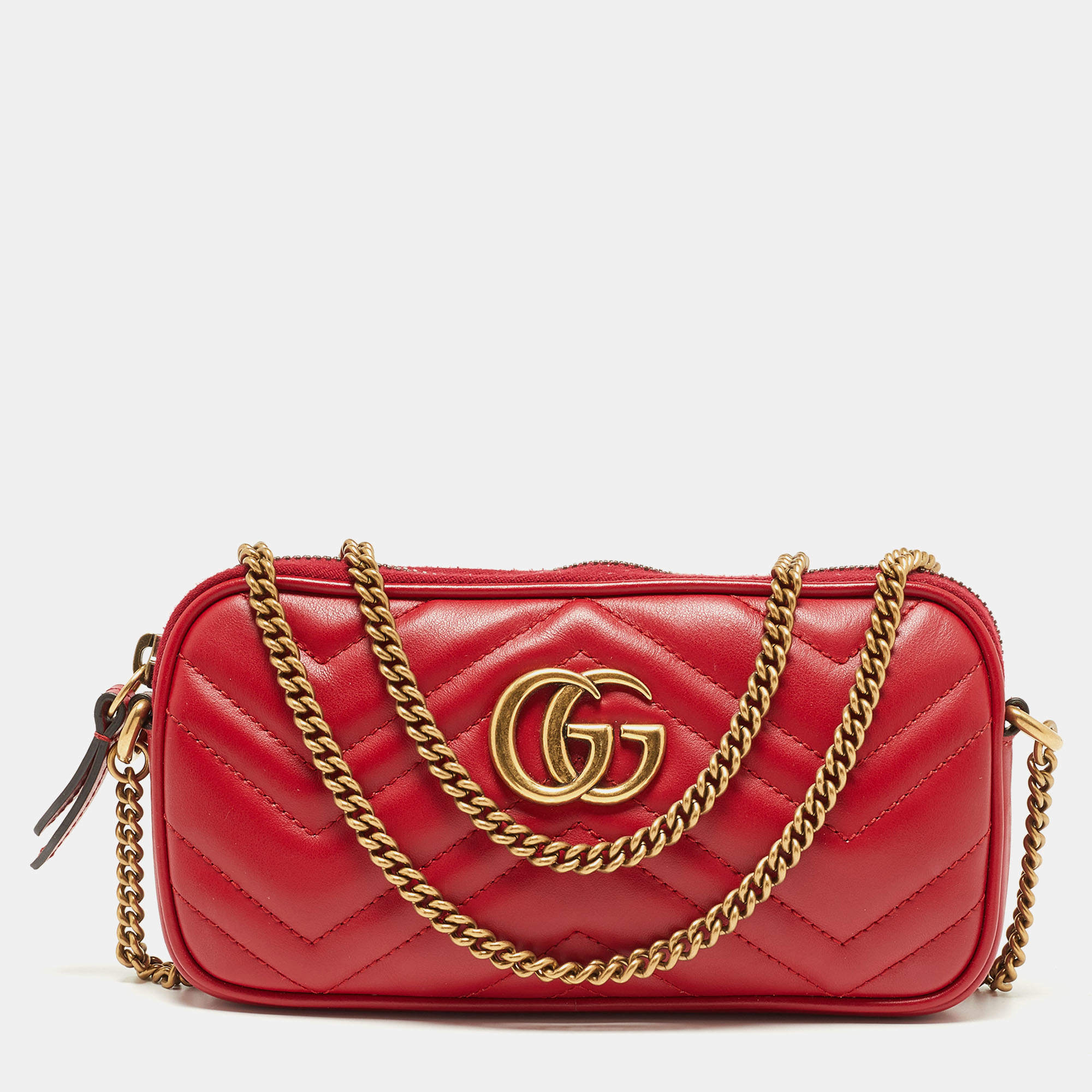 Gucci Red Matelassé Leather Mini GG Marmont Chain Crossbody Bag