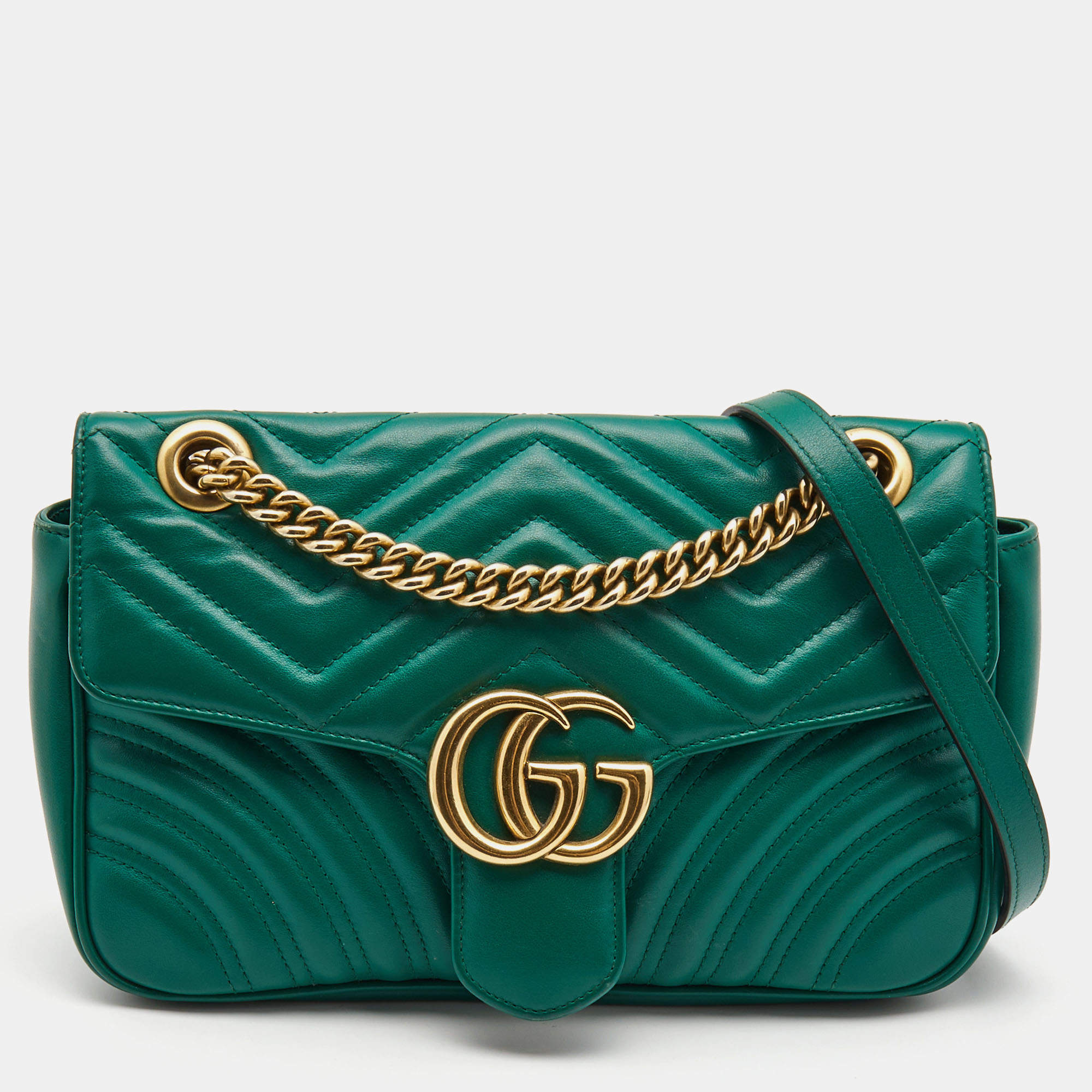 Gucci Green Matelasse Leather Small GG Marmont Shoulder Bag