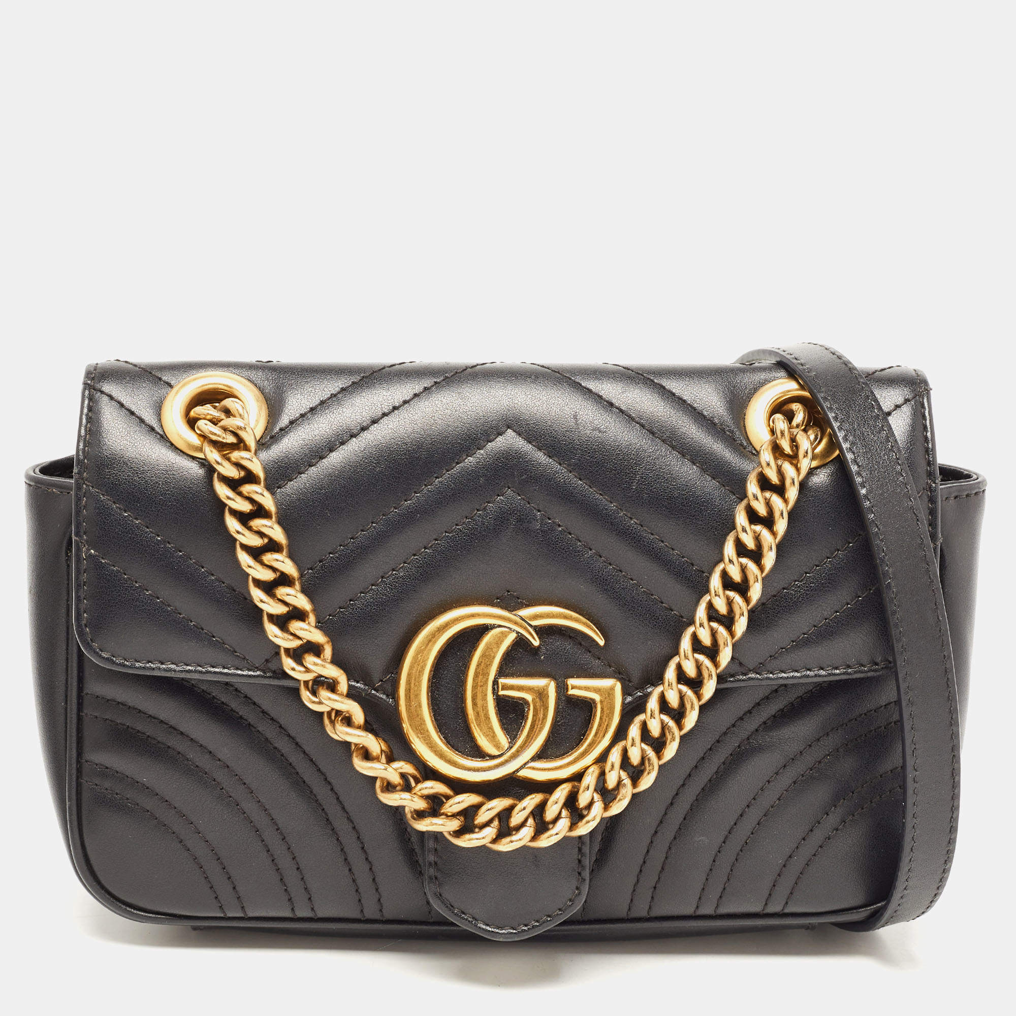 Pre Owned Gucci Black Matelassé Leather Mini GG Marmont Shoulder Bag
