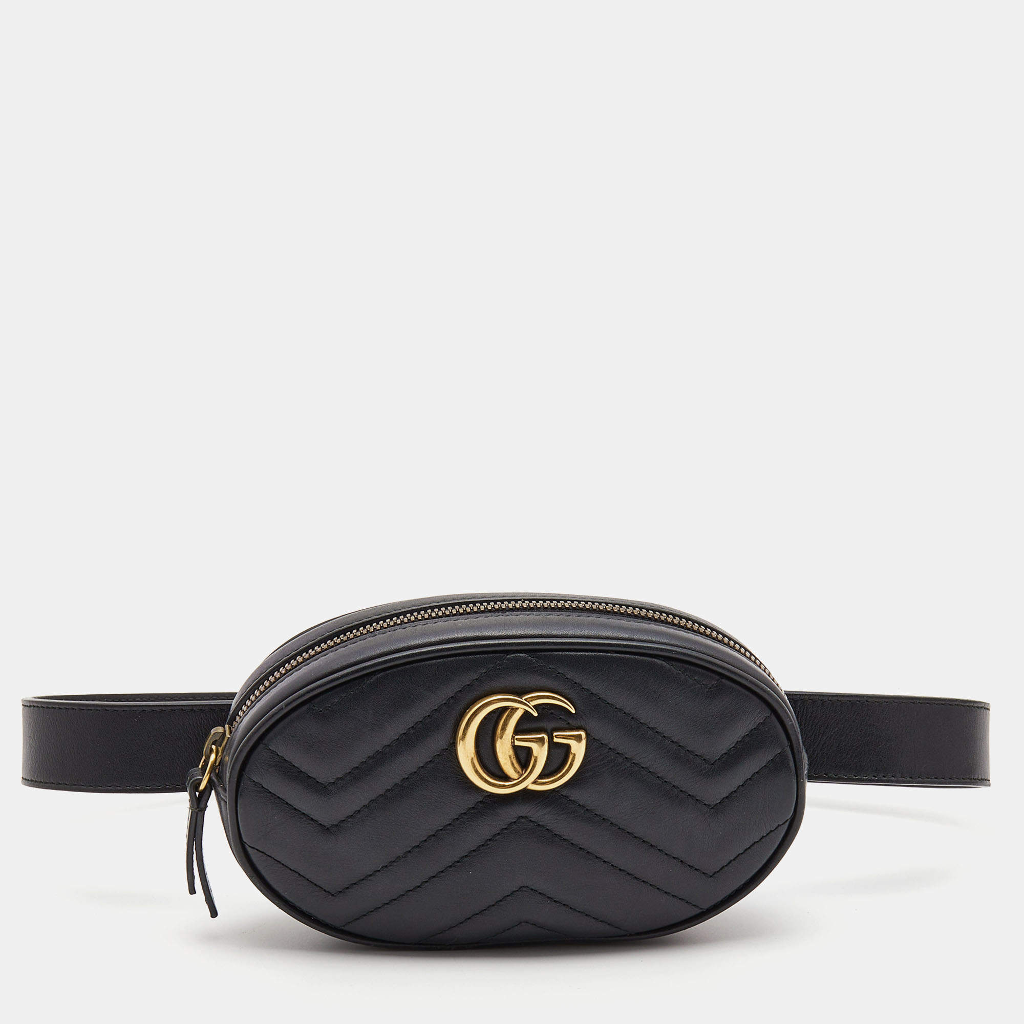 Pre Owned Gucci Black Matelassé Leather GG Marmont Belt Bag