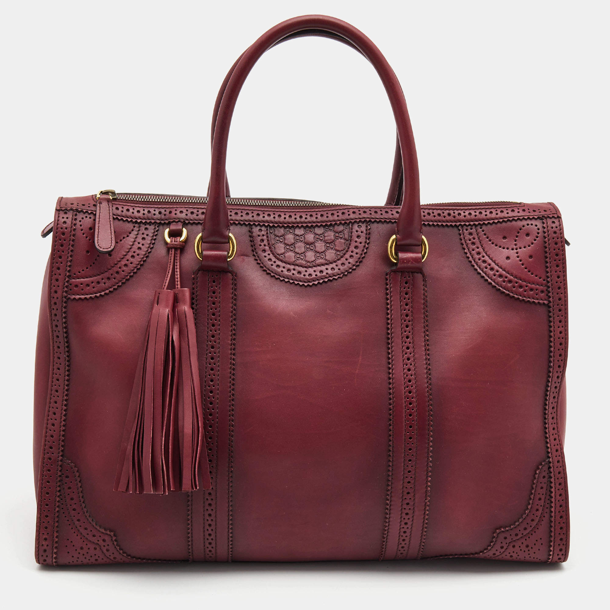 Pre Owned Gucci Burgundy Duilio Brogue Leather Chablis Duffel Bag