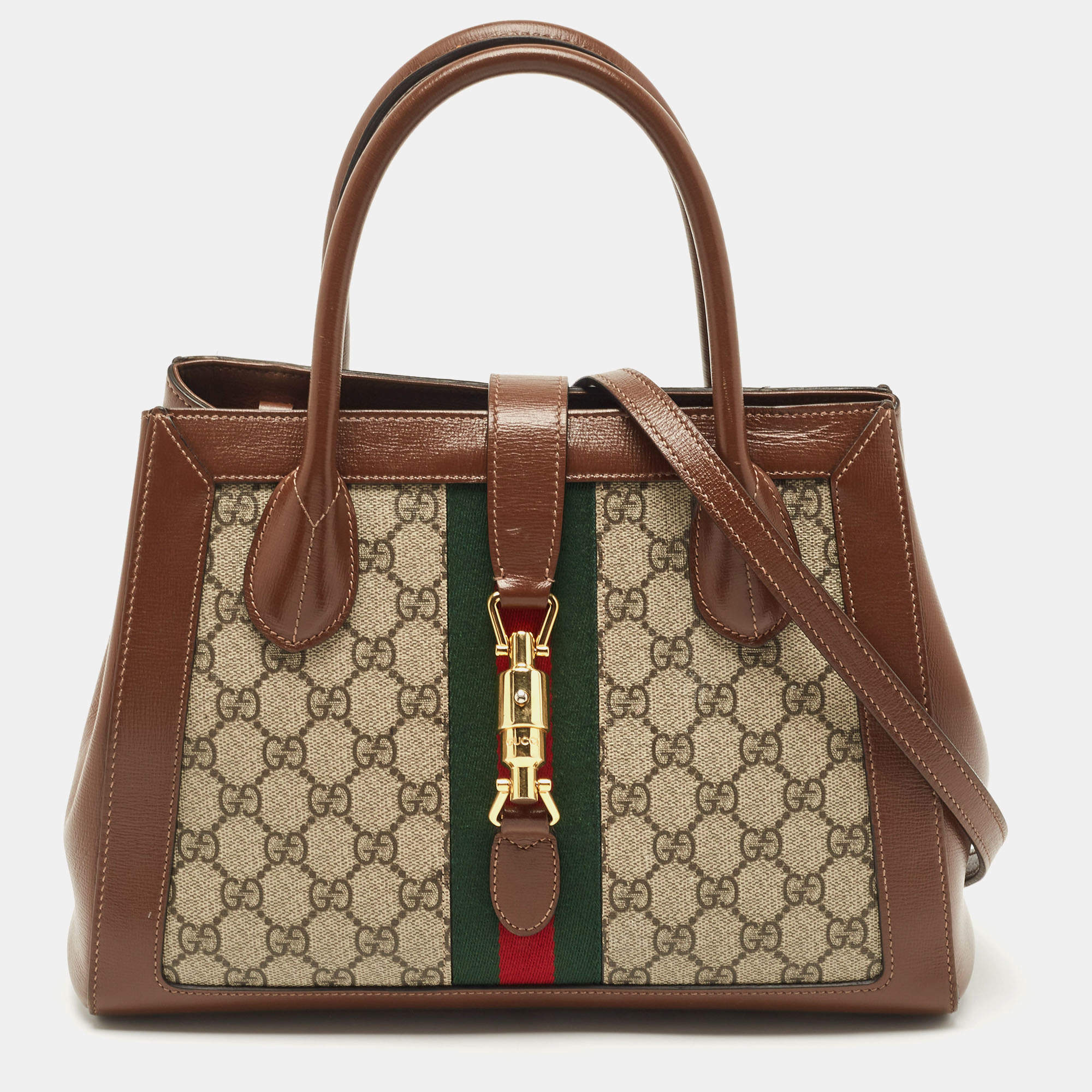 Pre Owned Gucci Brown/Beige GG Supreme Canvas and Leather Medium Web Jackie 1961 Tote