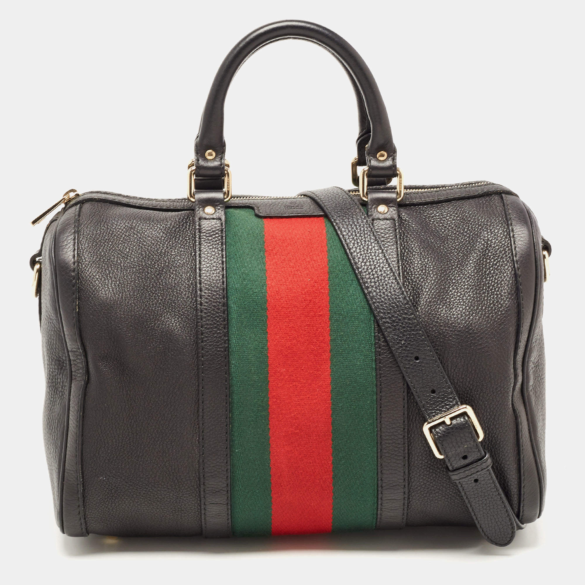 Pre Owned Gucci Black Leather Medium Vintage Web Boston Bag