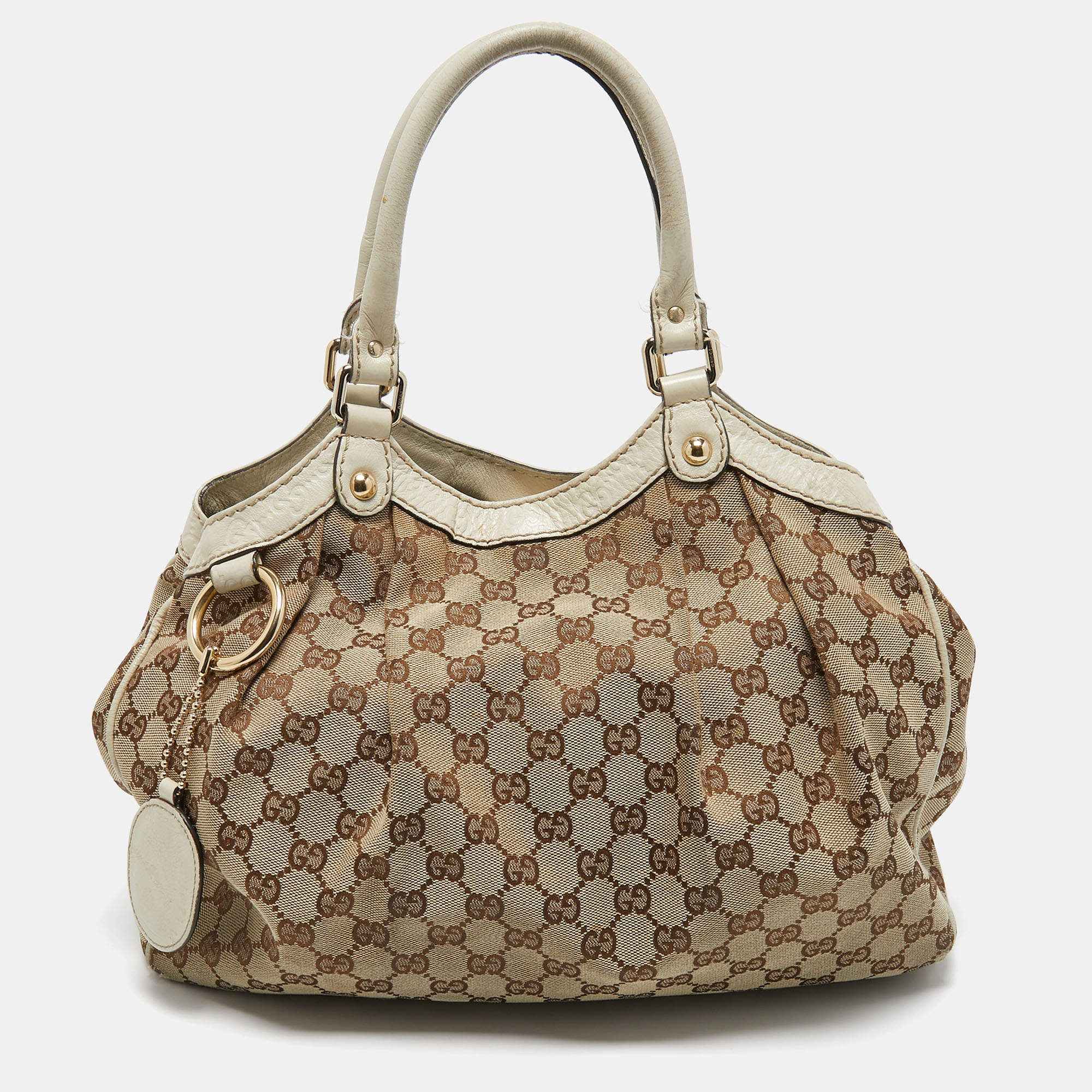 Pre Owned Gucci White/Beige GG Canvas and Leather Medium Sukey Tote