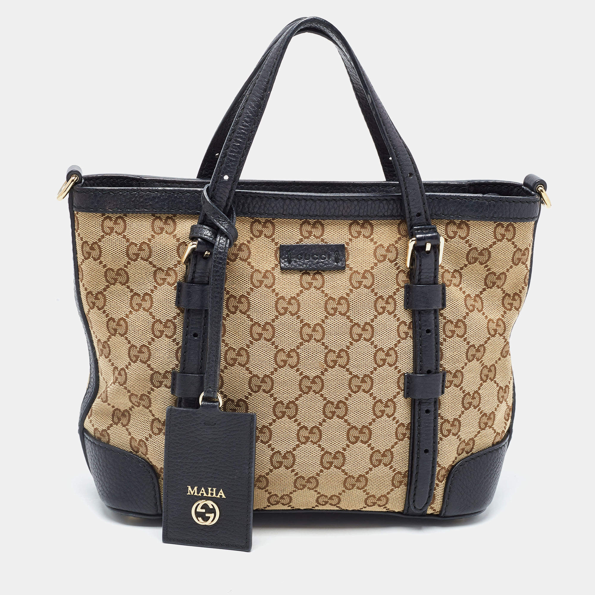 Pre Owned Gucci Beige/Blue Canvas and Leather Classic Tote