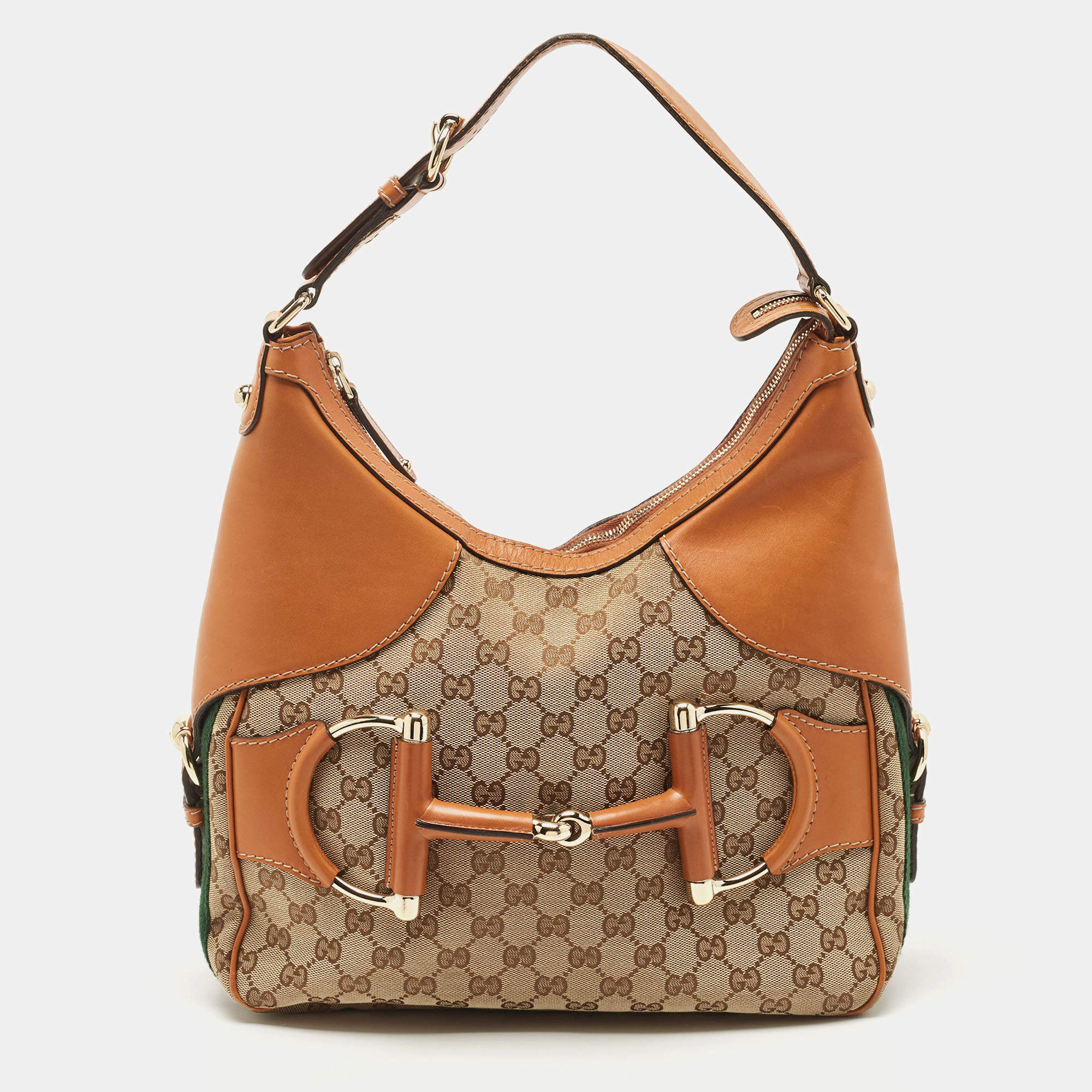 Gucci Auth GG Medium Brown Beige Canvas Leather Horsebit Hobo Bag Monogram  AS IS